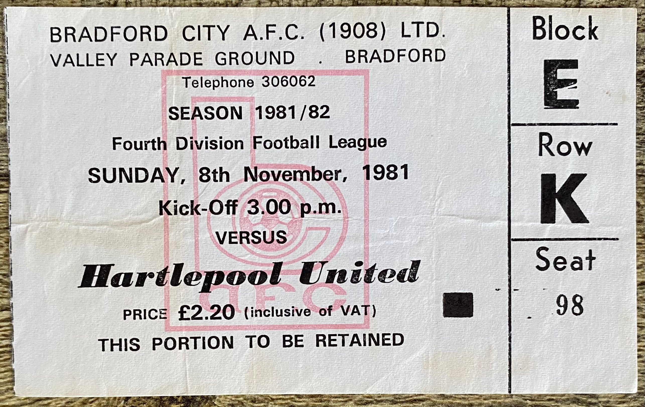 1981/82 ORIGINAL DIVISION 4 UNUSED TICKET BRADFORD CITY V HARTLEPOOL UNITED
