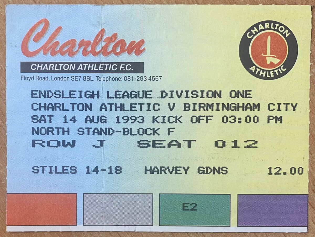 1993/94 ORIGINAL DIVISION 1 TICKET CHARLTON ATHLETIC V BIRMINGHAM CITY
