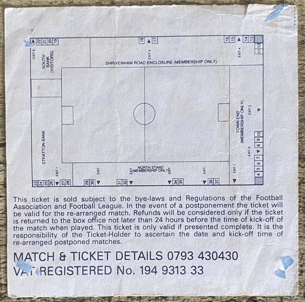 1992/93 ORIGINAL DIVISION 1 TICKET SWINDON TOWN V PORTSMOUTH