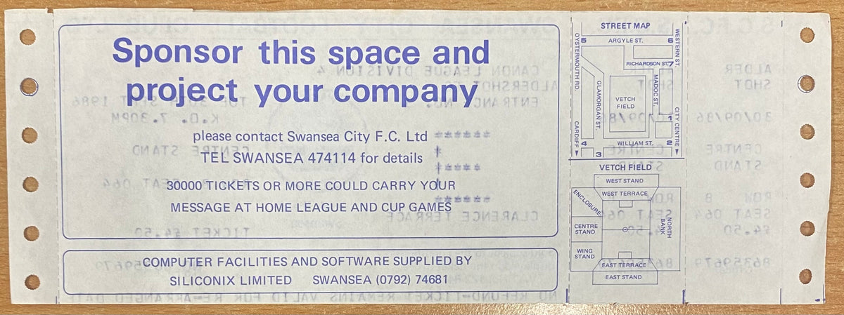 1986/87 ORIGINAL DIVISION 4 UNUSED TICKET SWANSEA CITY V ALDERSHOT