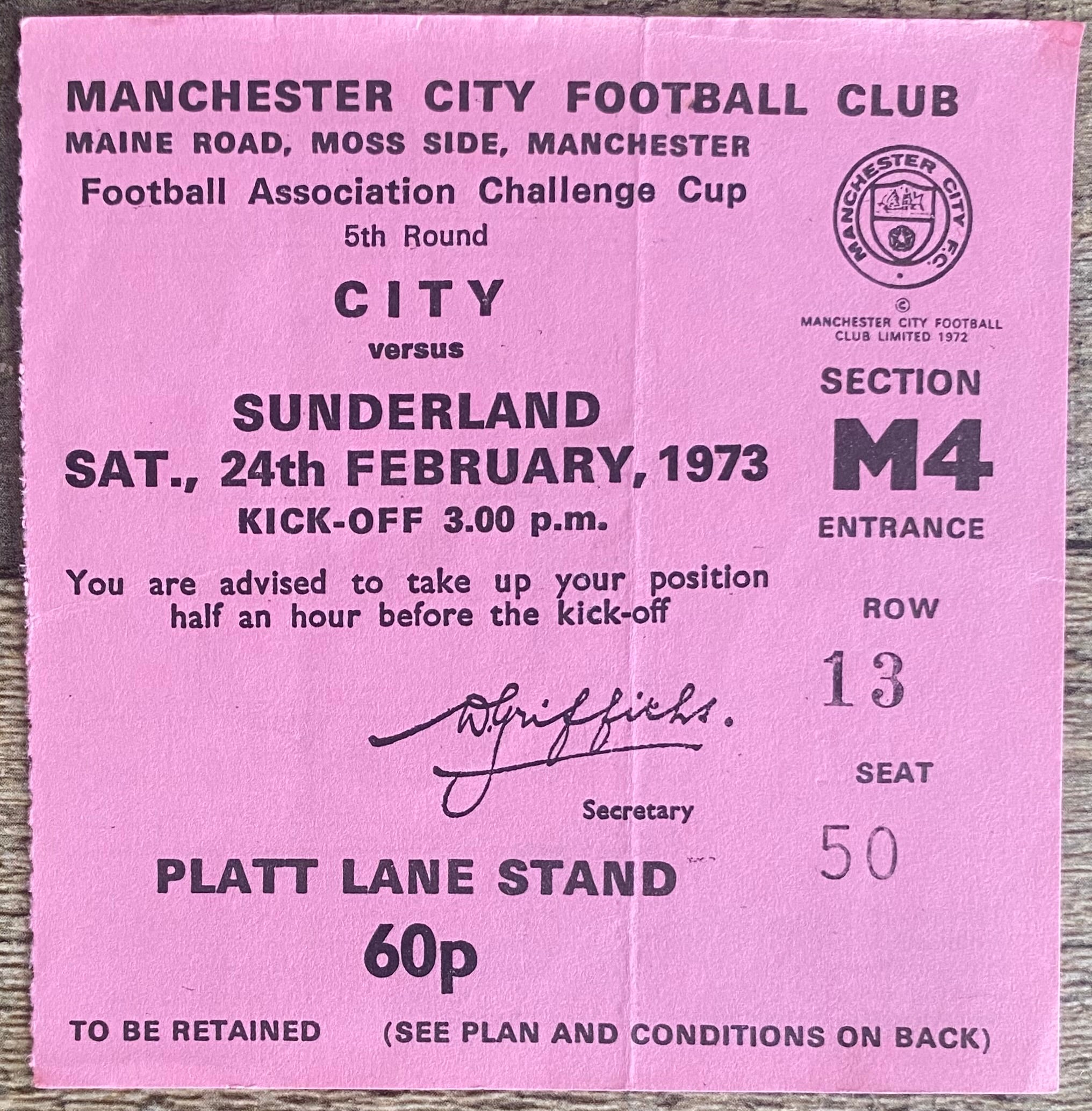 1972/73 ORIGINAL FA CUP 5TH ROUND TICKET MANCHESTER CITY V SUNDERLAND