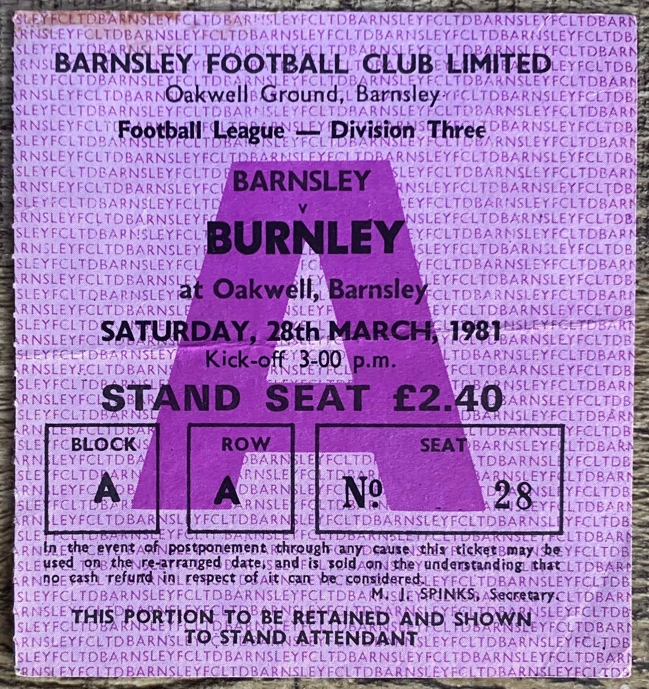 1980/81 ORIGINAL DIVISION 3 TICKET BARNSLEY V BURNLEY