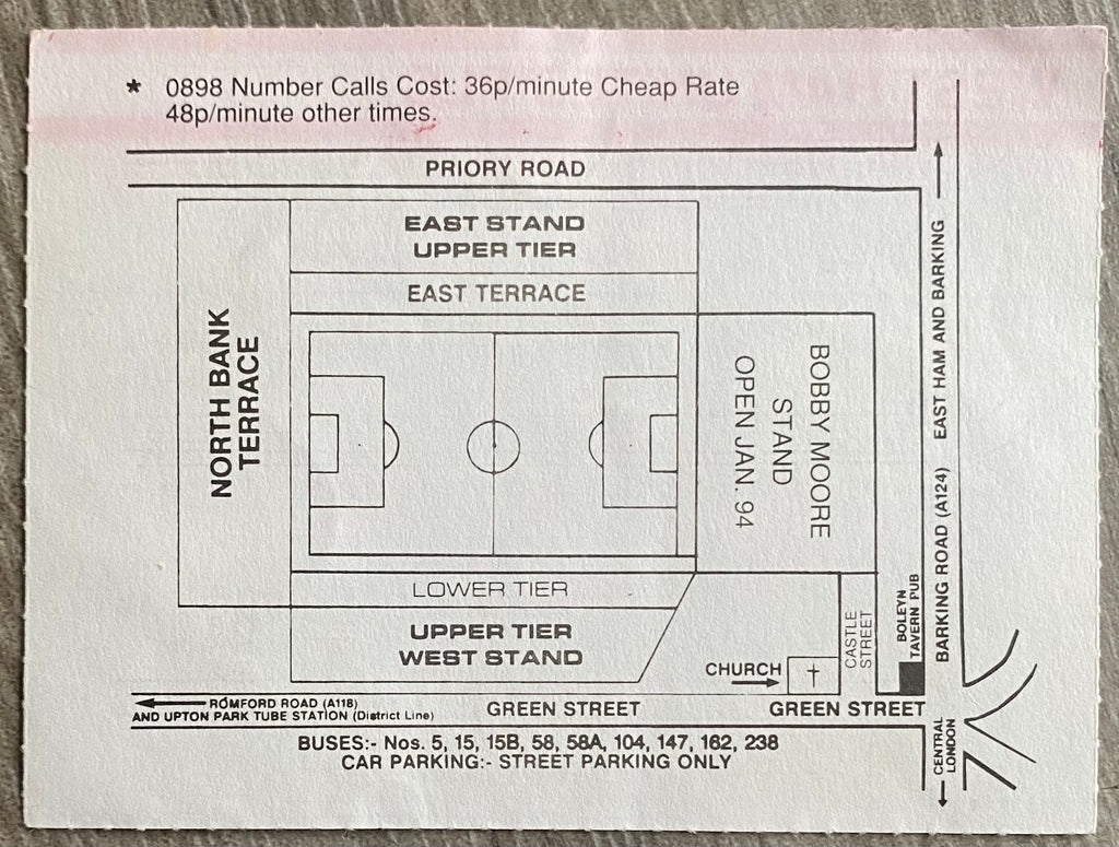 1993/94 ORIGINAL FA PREMIERSHIP TICKET WEST HAM UNITED V SWINDON TOWN