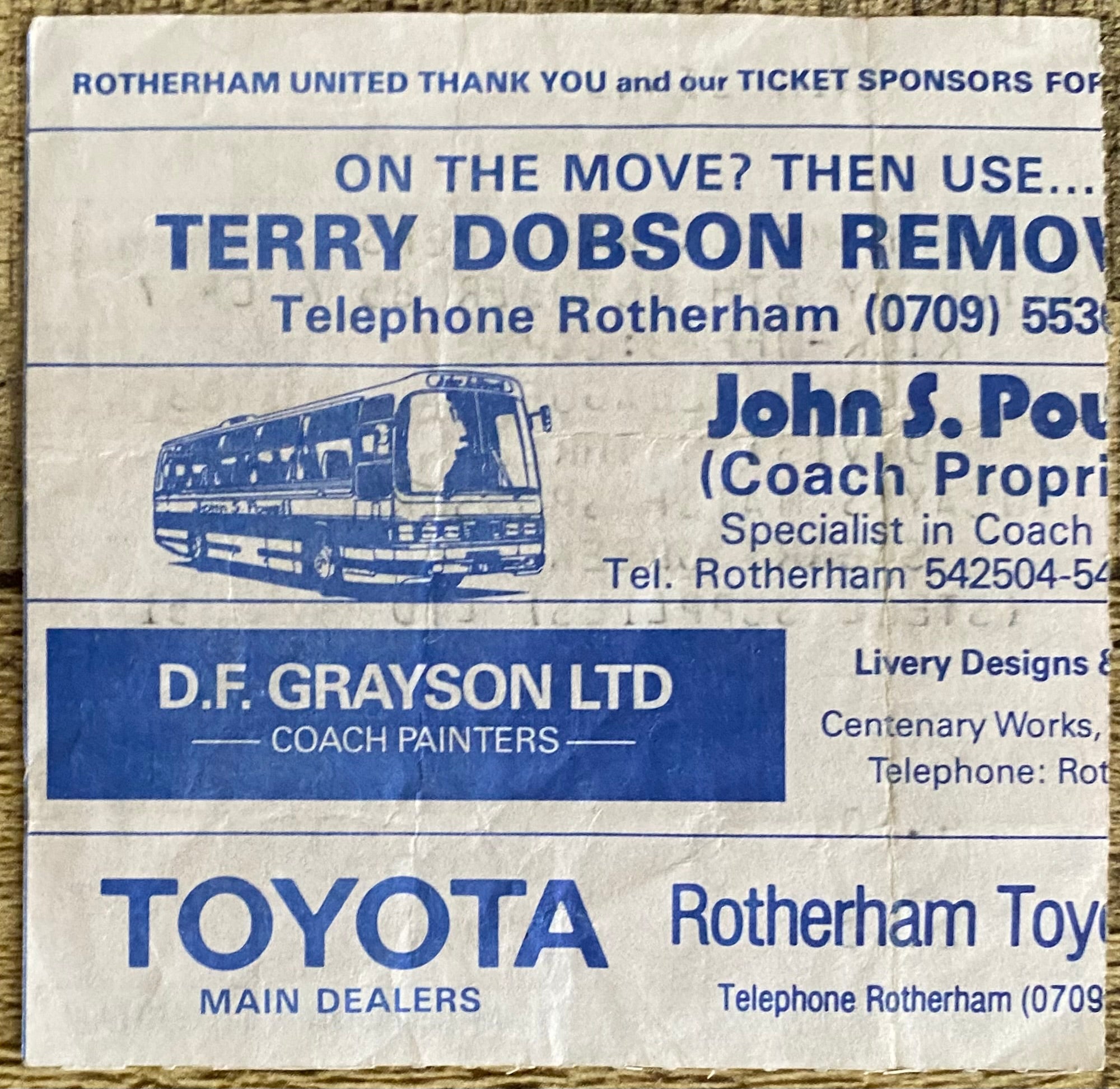 1985/86 ORIGINAL DIVISION 3 TICKET ROTHERHAM UNITED V WOLVERHAMPTON WANDERERS