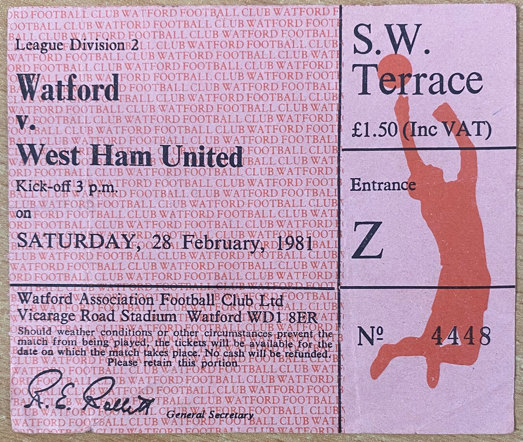 1980/81 ORIGINAL DIVISION TWO TICKET WATFORD V WEST HAM UNITED