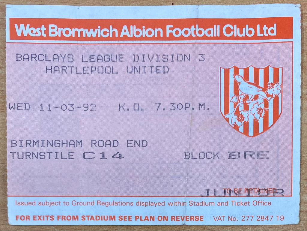 1991/92 ORIGINAL DIVISION 3 TICKET WEST BROMWICH ALBION V HARTLEPOOL UNITED