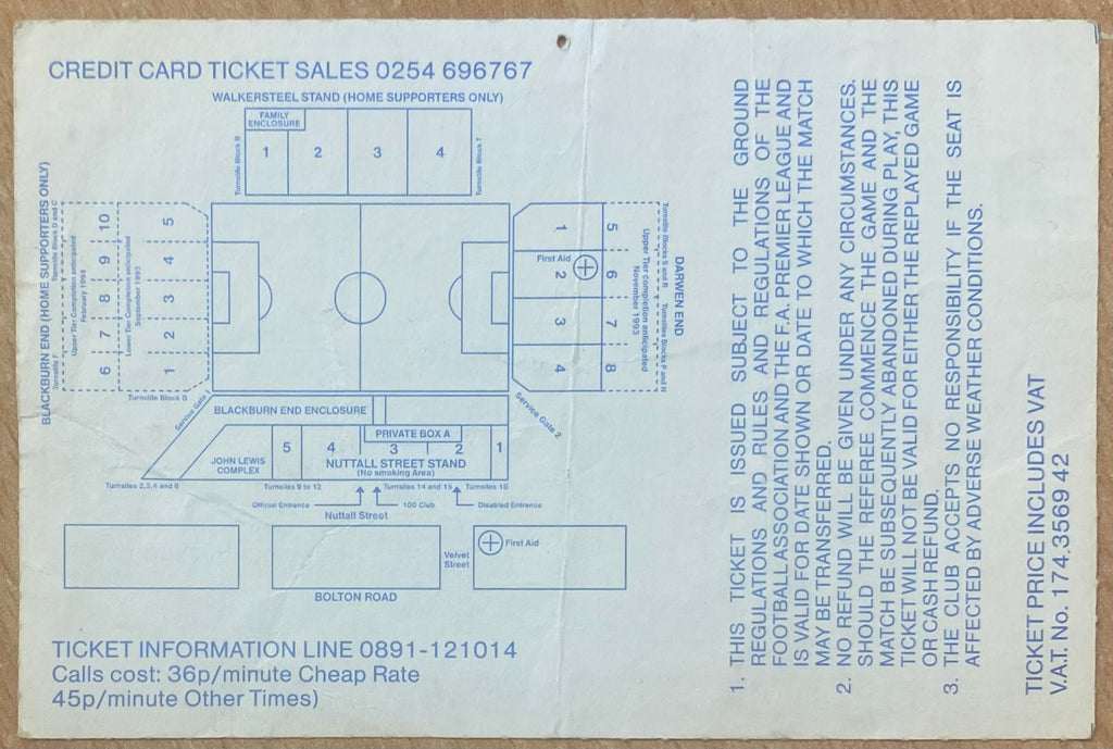1993/94 ORIGINAL FA CUP 4TH ROUND REPLAY TICKET BLACKBURN ROVERS V CHARLTON ATHLETIC