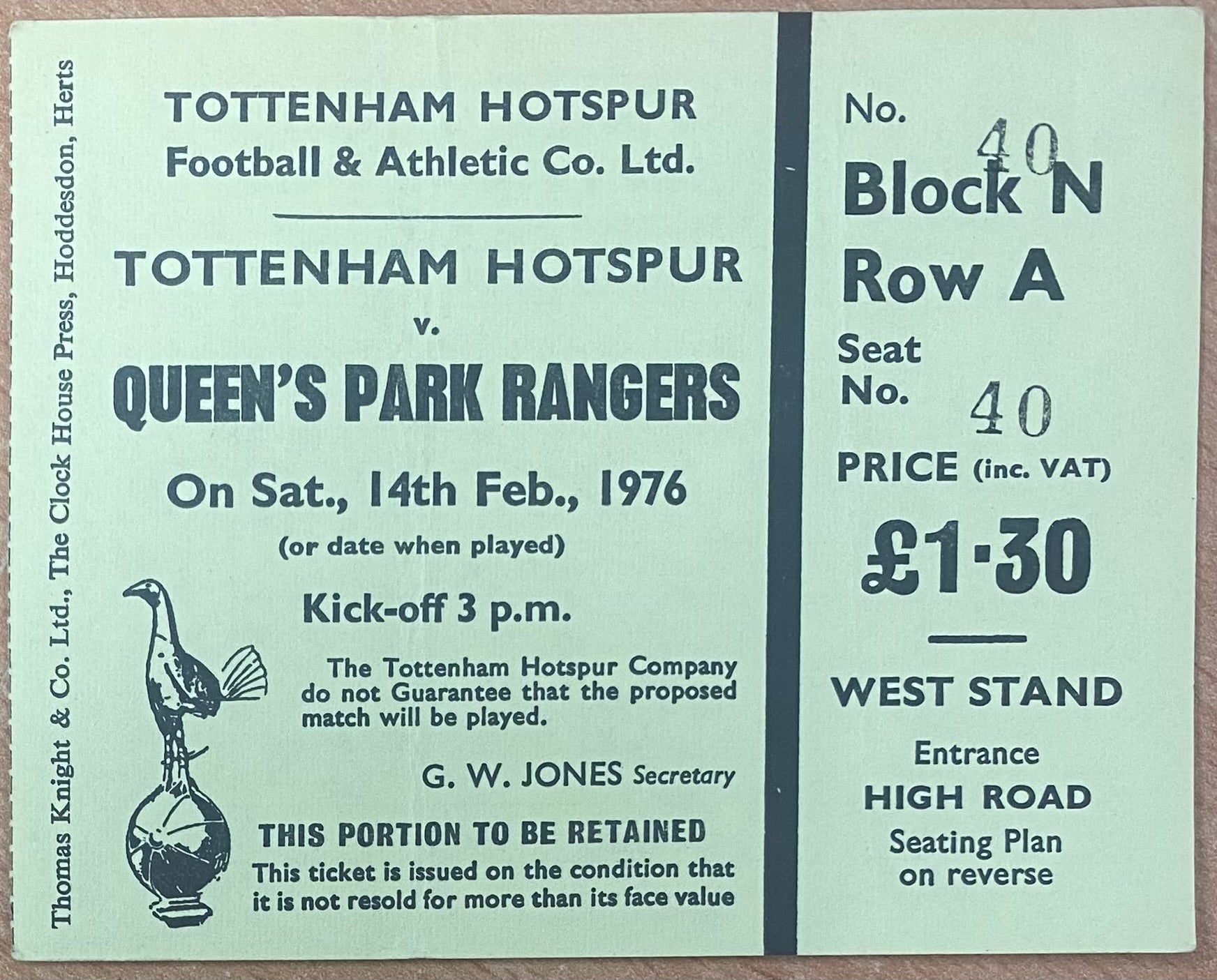 1975/76 ORIGINAL DIVISION ONE TICKET TOTTENHAM HOTSPUR V QUEENS PARK RANGERS