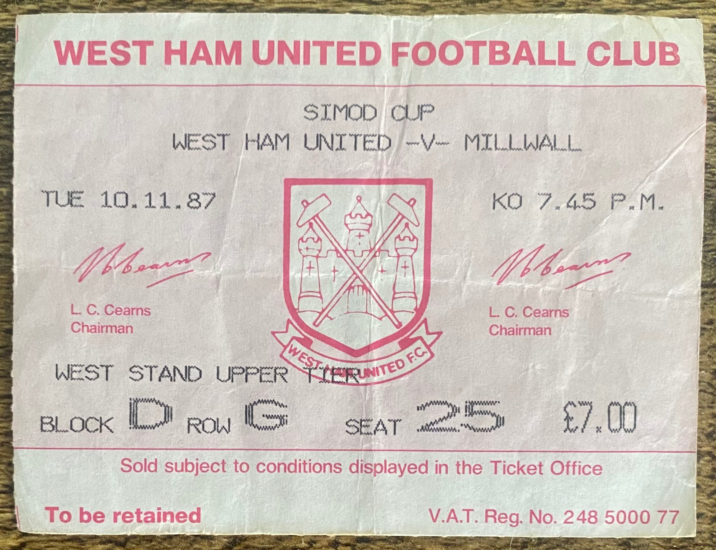 1987/88 ORIGINAL SIMOD  CUP 1ST ROUND TICKET WEST HAM UNITED V MILLWALL