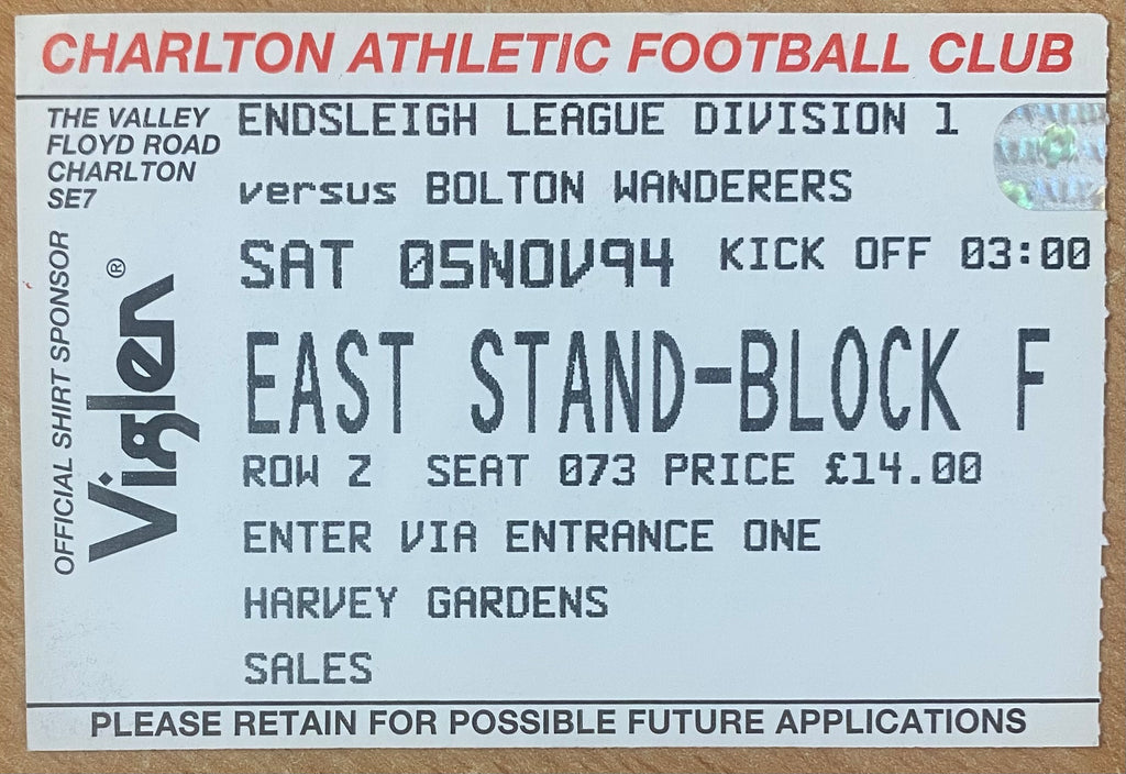 1994/95 ORIGINAL DIVISION 1 TICKET CHARLTON ATHLETIC V BOLTON WANDERERS