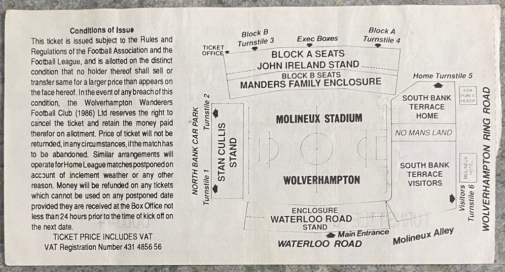 1992/93 ORIGINAL DIVISION 1 TICKET WOLVERHAMPTON WANDERERS V WEST HAM UNITED