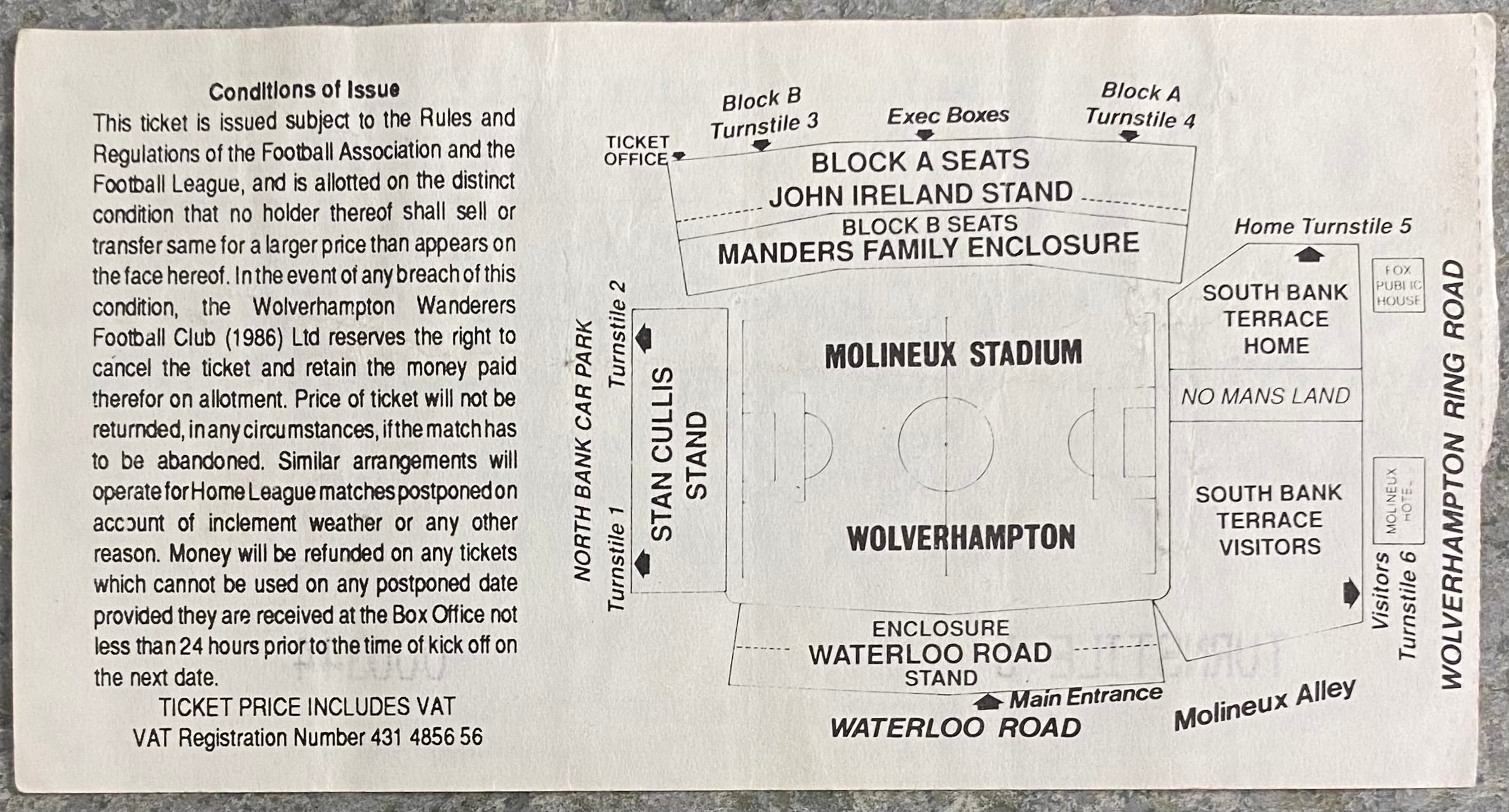 1992/93 ORIGINAL DIVISION 1 TICKET WOLVERHAMPTON WANDERERS V WEST HAM UNITED