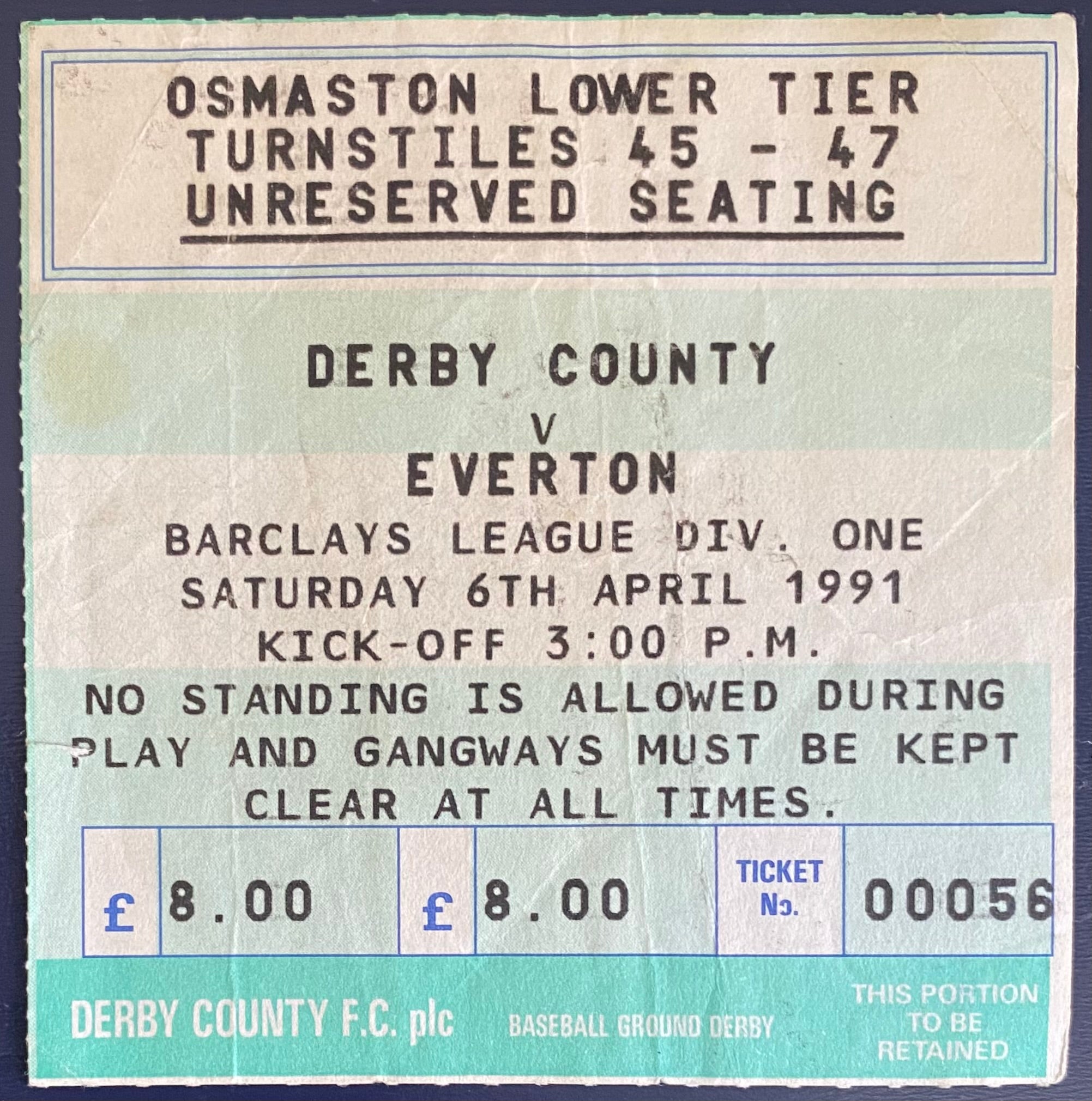 1990/91 ORIGINAL DIVISION 1 TICKET DERBY COUNTY V EVERTON
