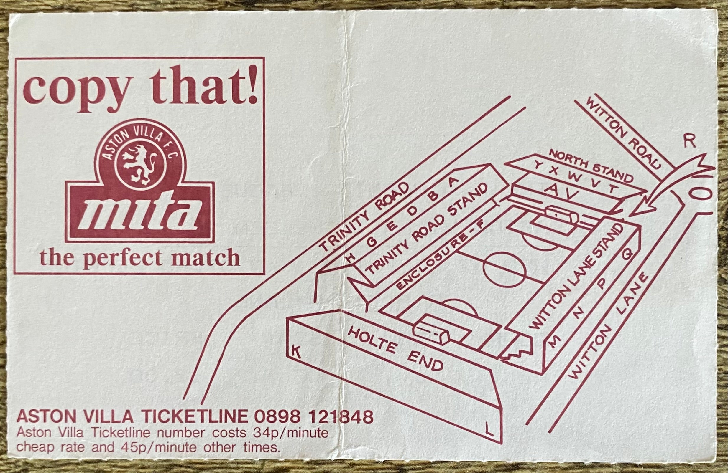 1992/93 ORIGINAL PREMIER LEAGUE TICKET ASTON VILLA V CHELSEA