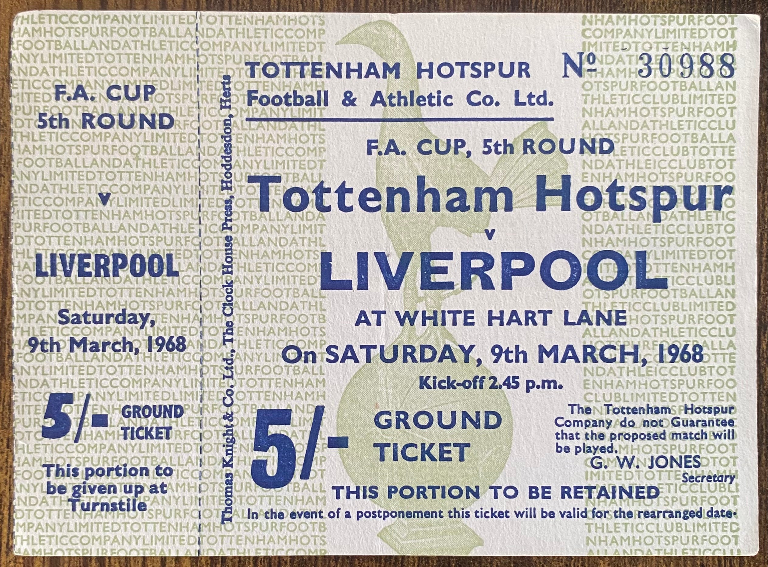 1967/68 ORIGINAL FA CUP 5TH ROUND UNUSED TICKET TOTTENHAM HOTSPUR V LIVERPOOL