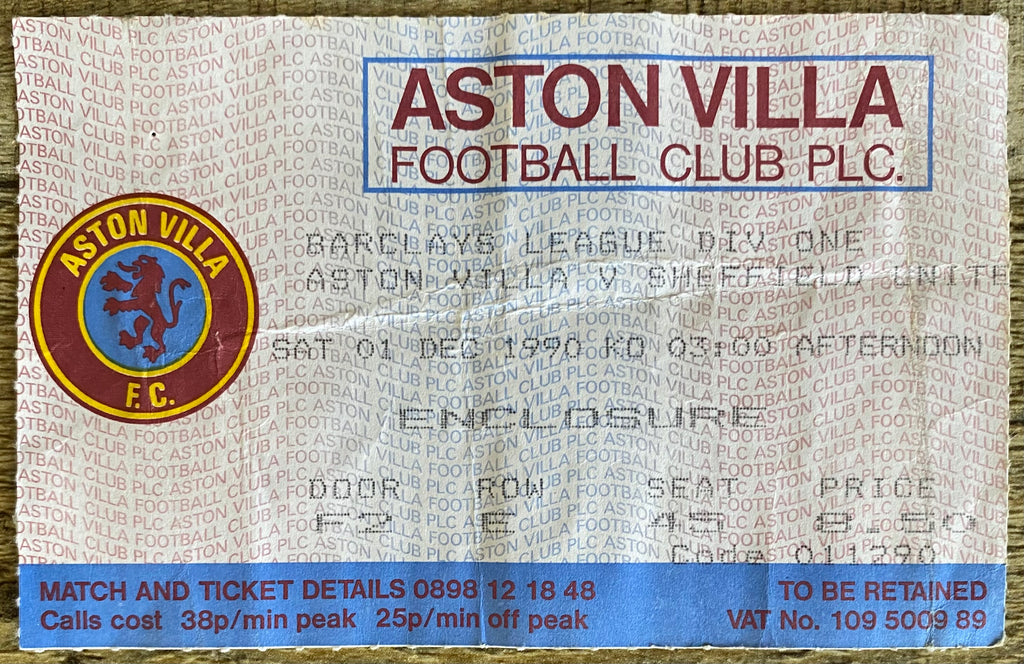 1990/91 ORIGINAL DIVISION 1 TICKET ASTON VILLA V SHEFFIELD UNITED