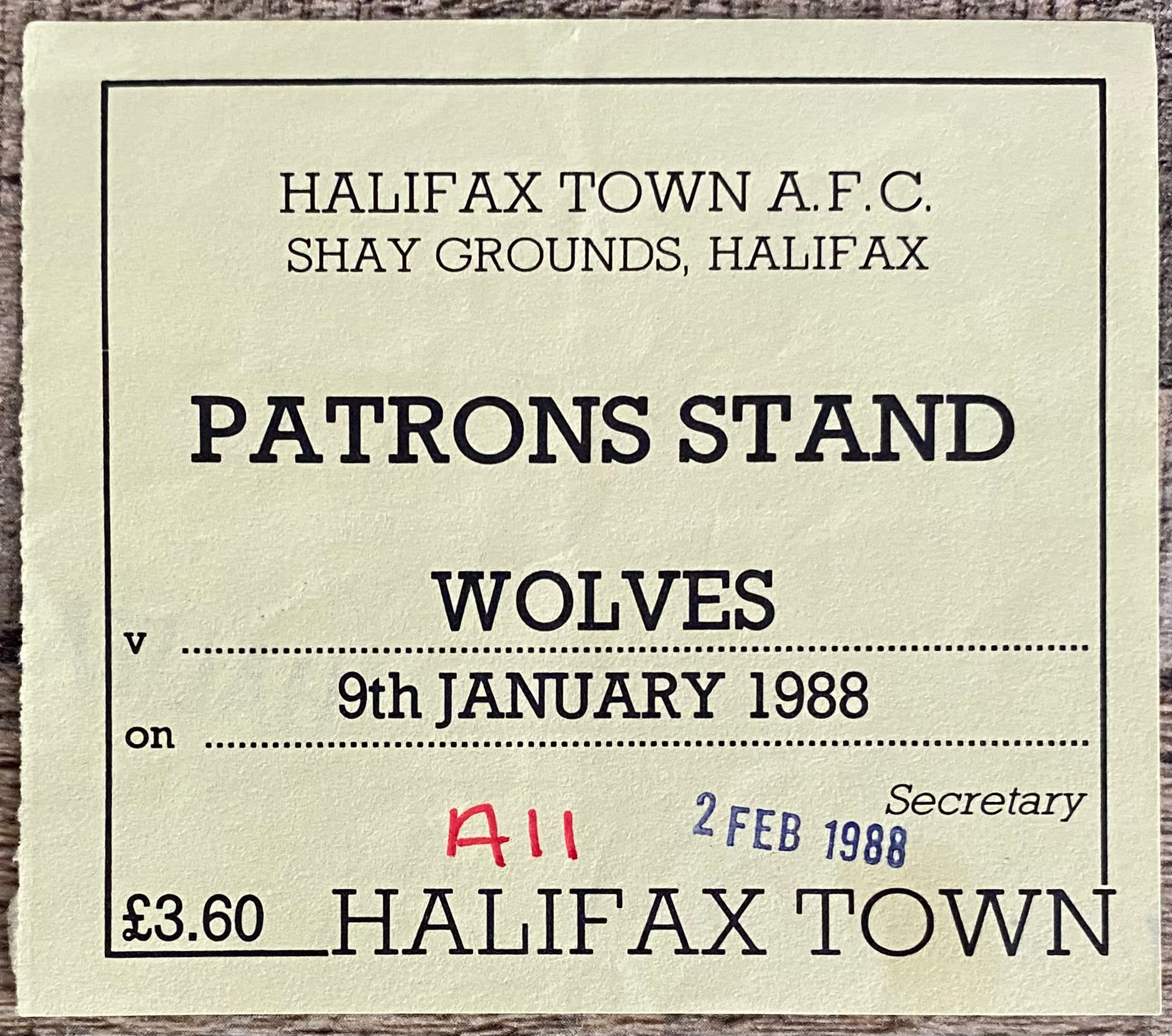 1987/88 ORIGINAL DIVISION 4 TICKET HALIFAX TOWN V WOLVERHAMPTON WANDERERS