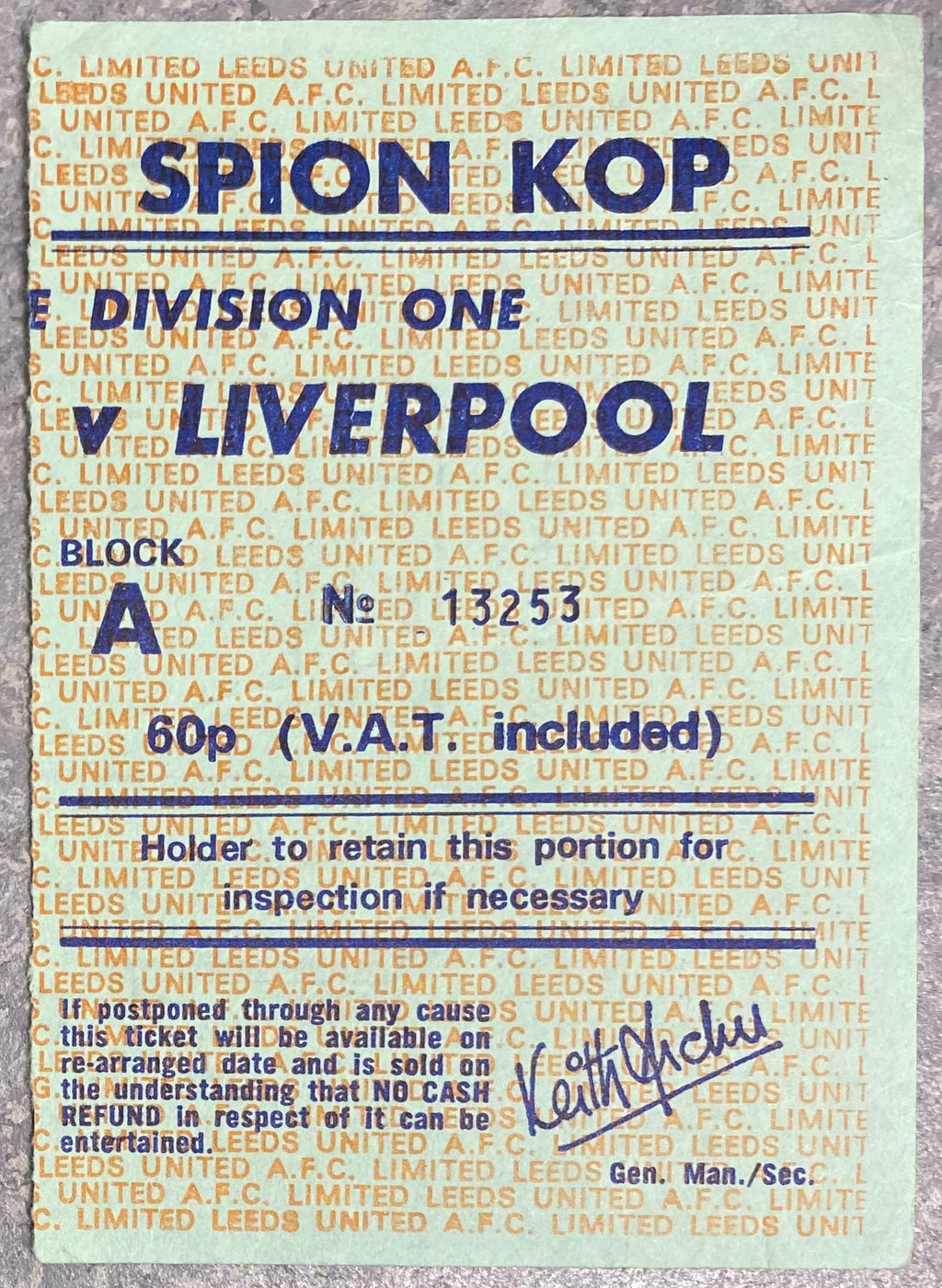 1975/76 ORIGINAL DIVISION ONE TICKET LEEDS UNITED V LIVERPOOL