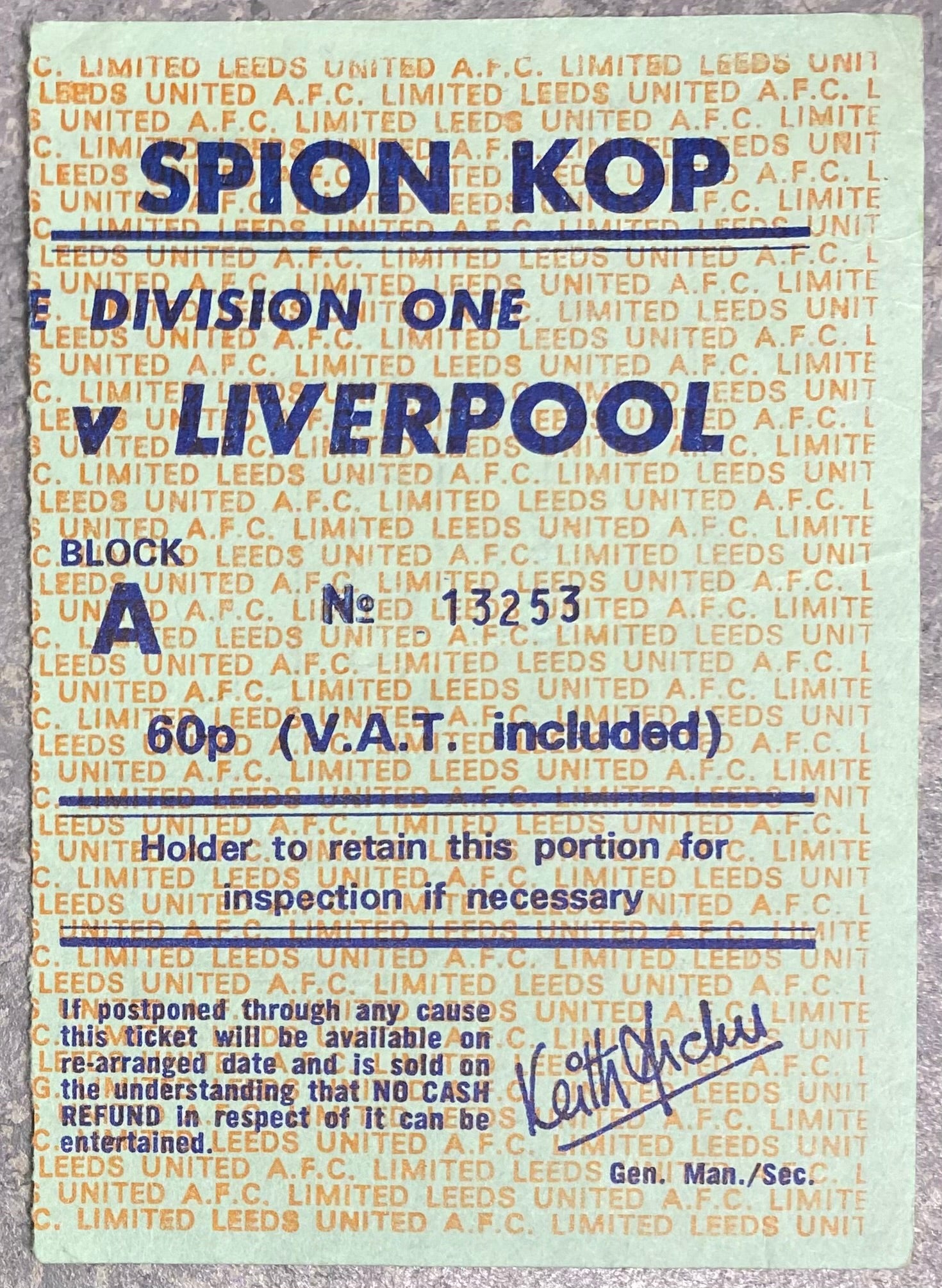 1975/76 ORIGINAL DIVISION ONE TICKET LEEDS UNITED V LIVERPOOL