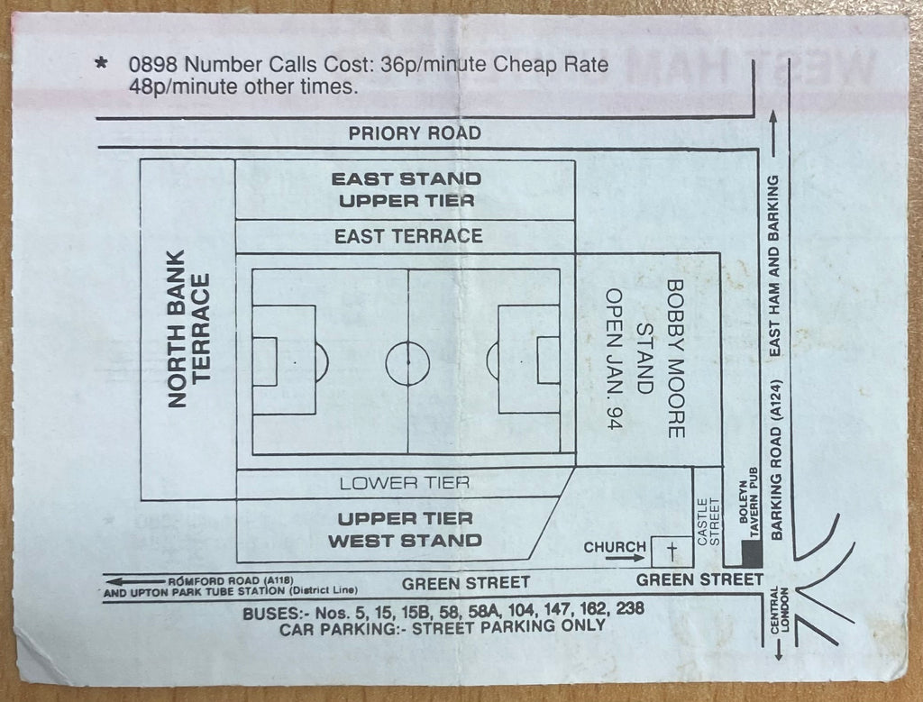 1993/94 ORIGINAL FA PREMIERSHIP TICKET WEST HAM UNITED V CHELSEA