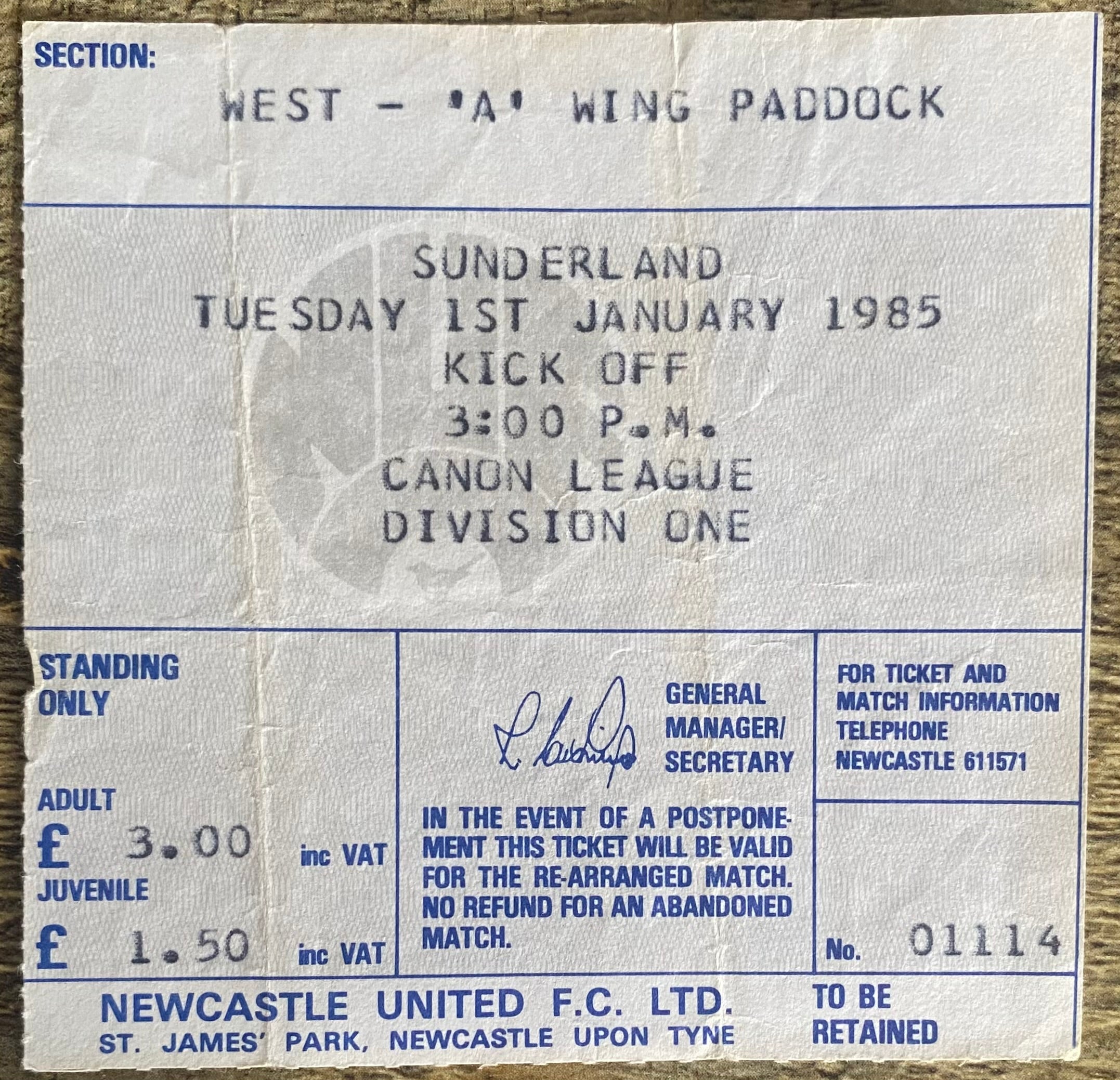 1984/85 ORIGINAL DIVISION 1 TICKET NEWCASTLE UNITED V SUNDERLAND