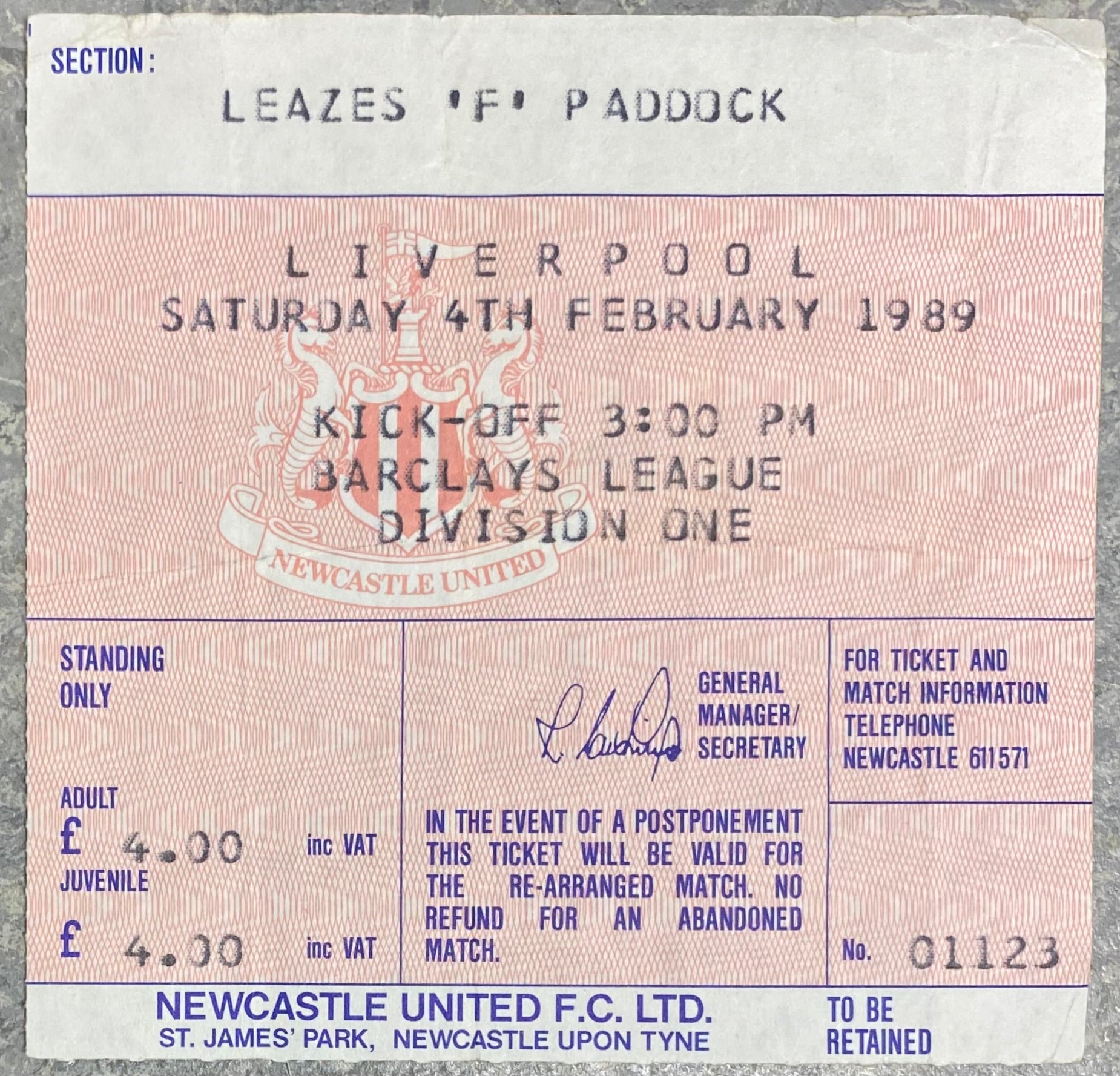 1988/89 ORIGINAL DIVISION ONE TICKET NEWCASTLE UNITED V LIVERPOOL