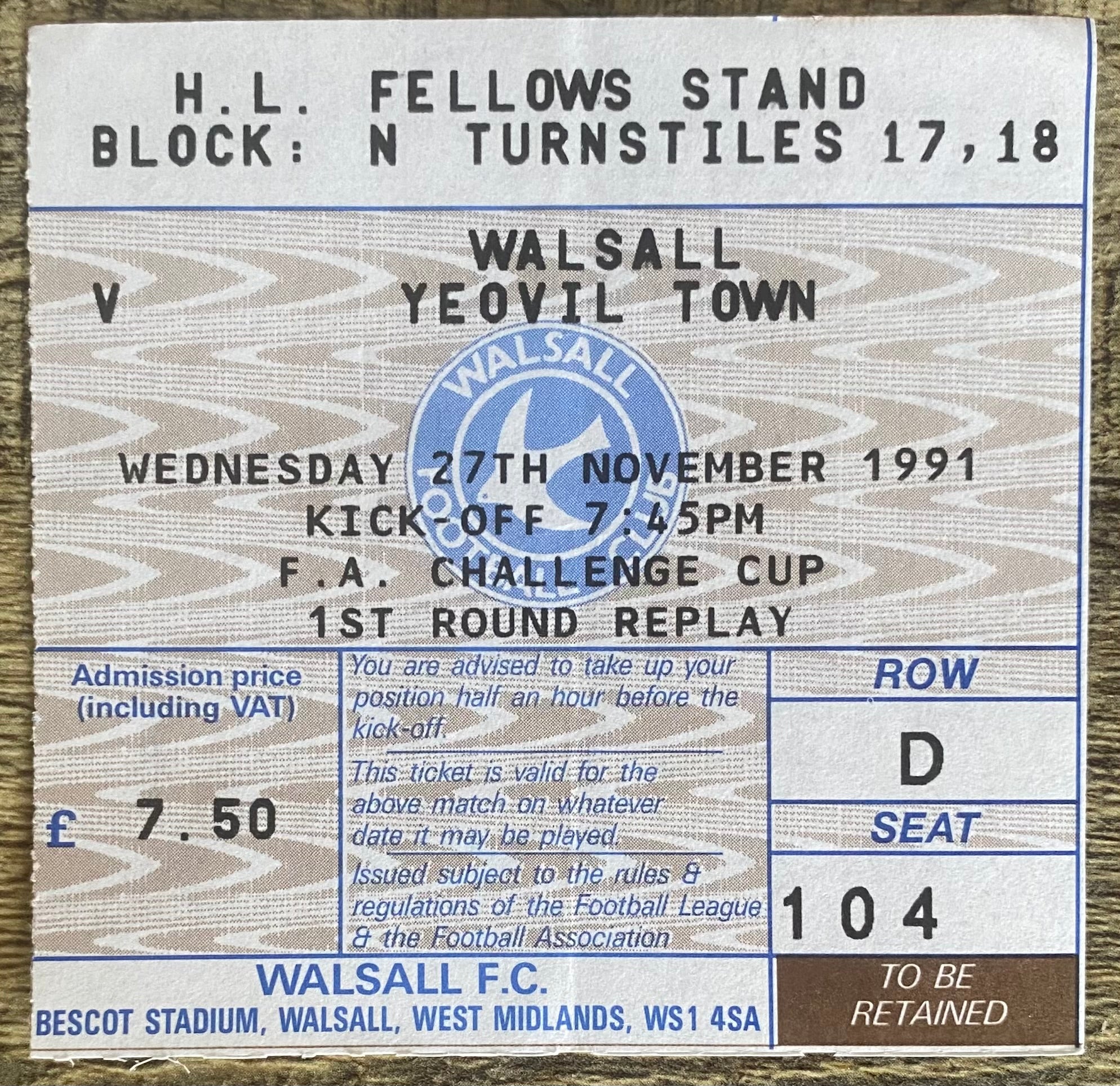 1991/92  ORIGINAL FA CUP 1ST ROUND REPLAY TICKET WALSALL V YEOVIL TOWN
