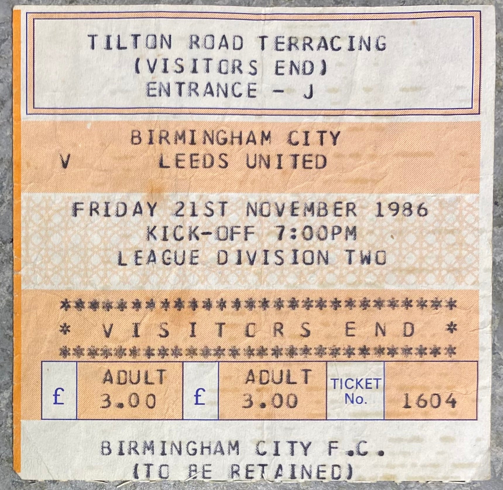 1986/87 ORIGINAL DIVISION TWO TICKET BIRMINGHAM CITY V LEEDS UNITED