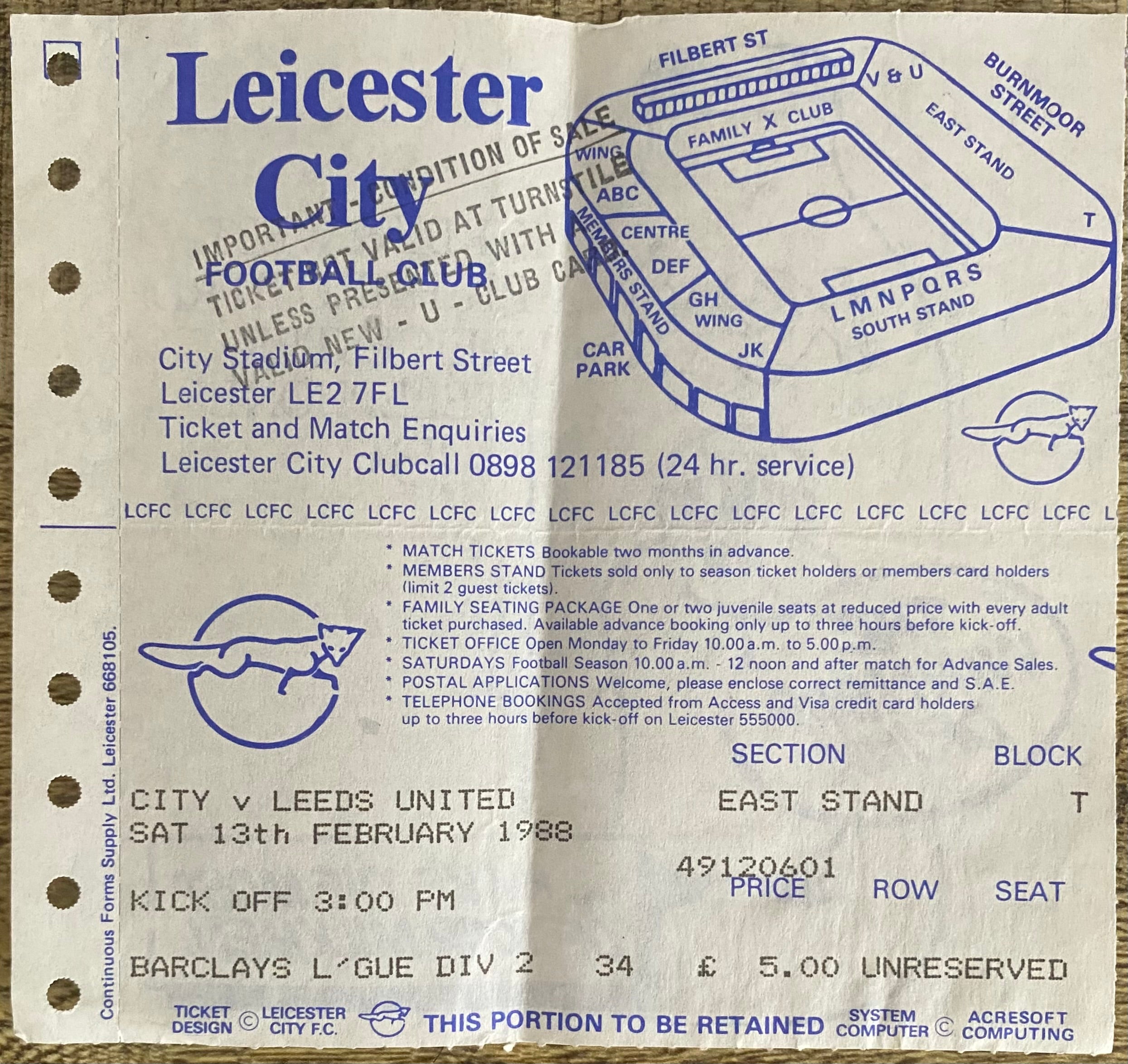 1987/88 ORIGINAL DIVISION 2 TICKET LEICESTER CITY V LEEDS UNITED