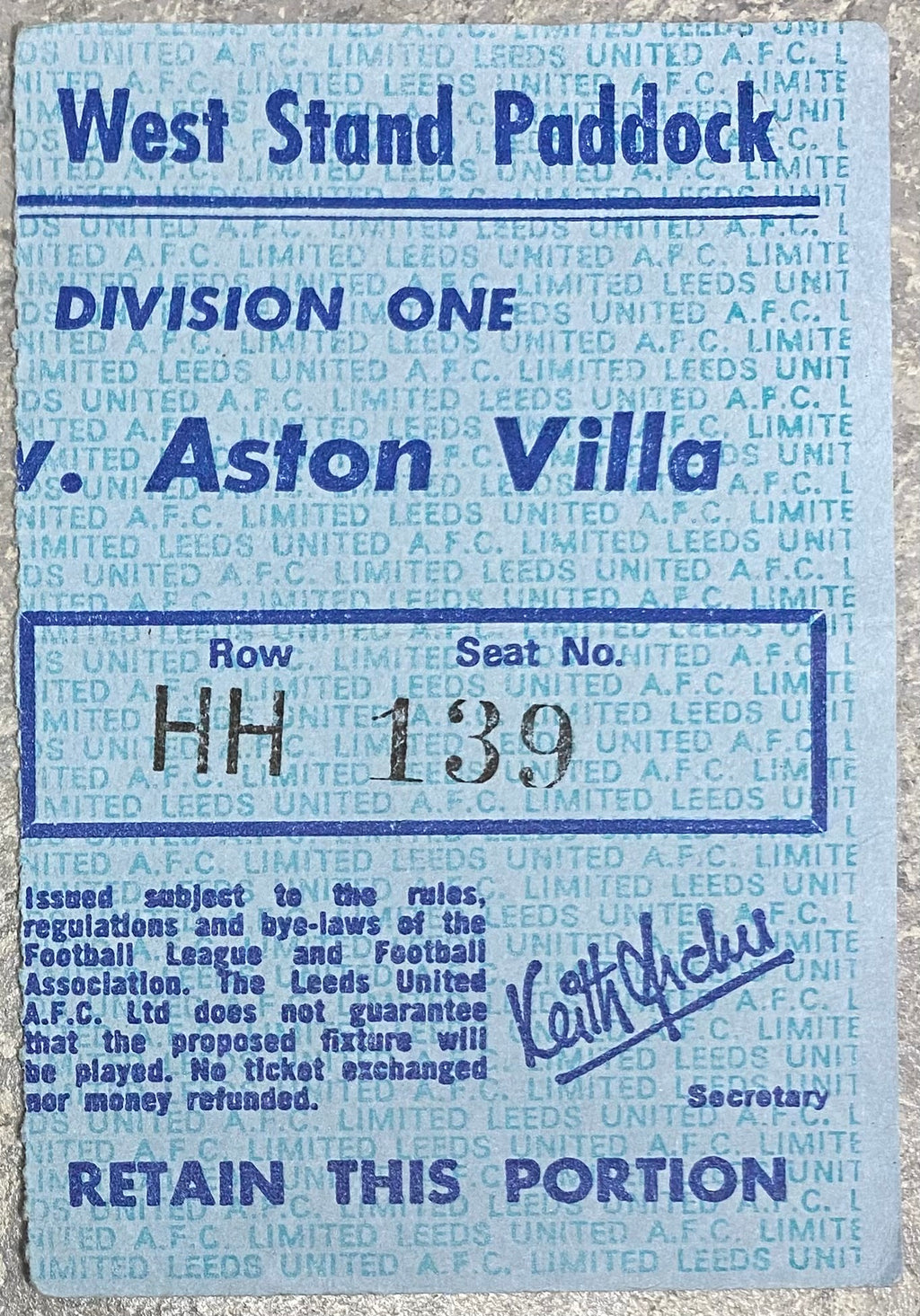 1975/76 ORIGINAL DIVISION ONE TICKET LEEDS UNITED V ASTON VILLA