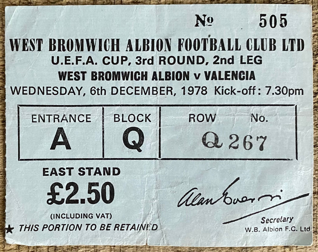 1978/79 ORIGINAL UEFA CUP 3RD ROUND 2ND LEG TICKET WEST BROMWICH ALBION V VALENCIA CF