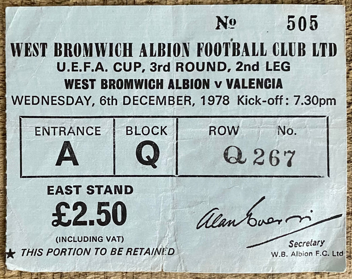 1978/79 ORIGINAL UEFA CUP 3RD ROUND 2ND LEG TICKET WEST BROMWICH ALBION V VALENCIA CF