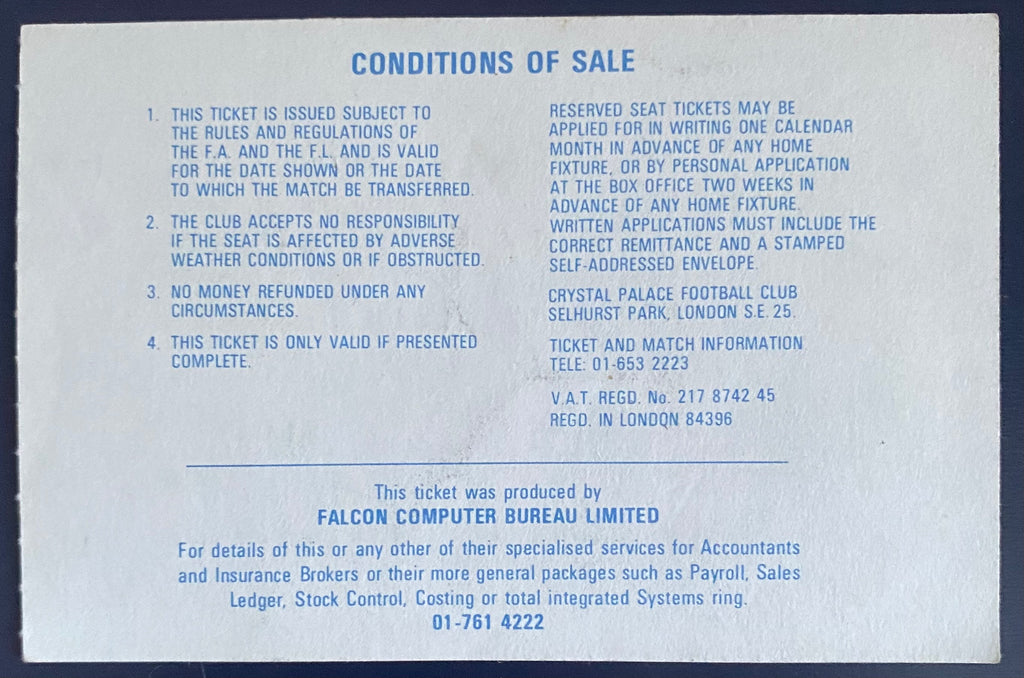 1980/81 ORIGINAL DIVISION 1 TICKET CRYSTAL PALACE V NORWICH CITY