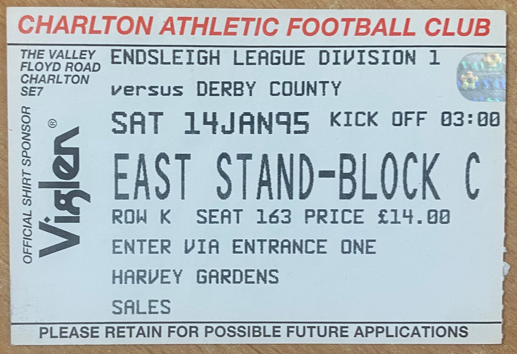1994/95 ORIGINAL DIVISION 1 TICKET CHARLTON ATHLETIC V DERBY COUNTY