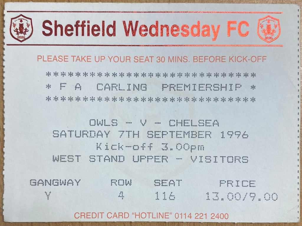 1996/97 ORIGINAL FA PREMIERSHIP TICKET SHEFFIELD WEDNESDAY V CHELSEA