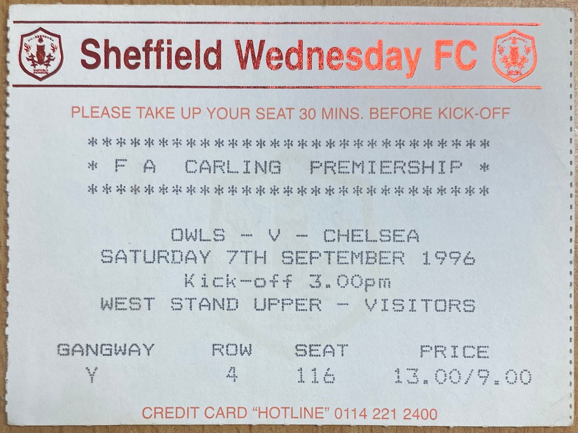 1996/97 ORIGINAL FA PREMIERSHIP TICKET SHEFFIELD WEDNESDAY V CHELSEA