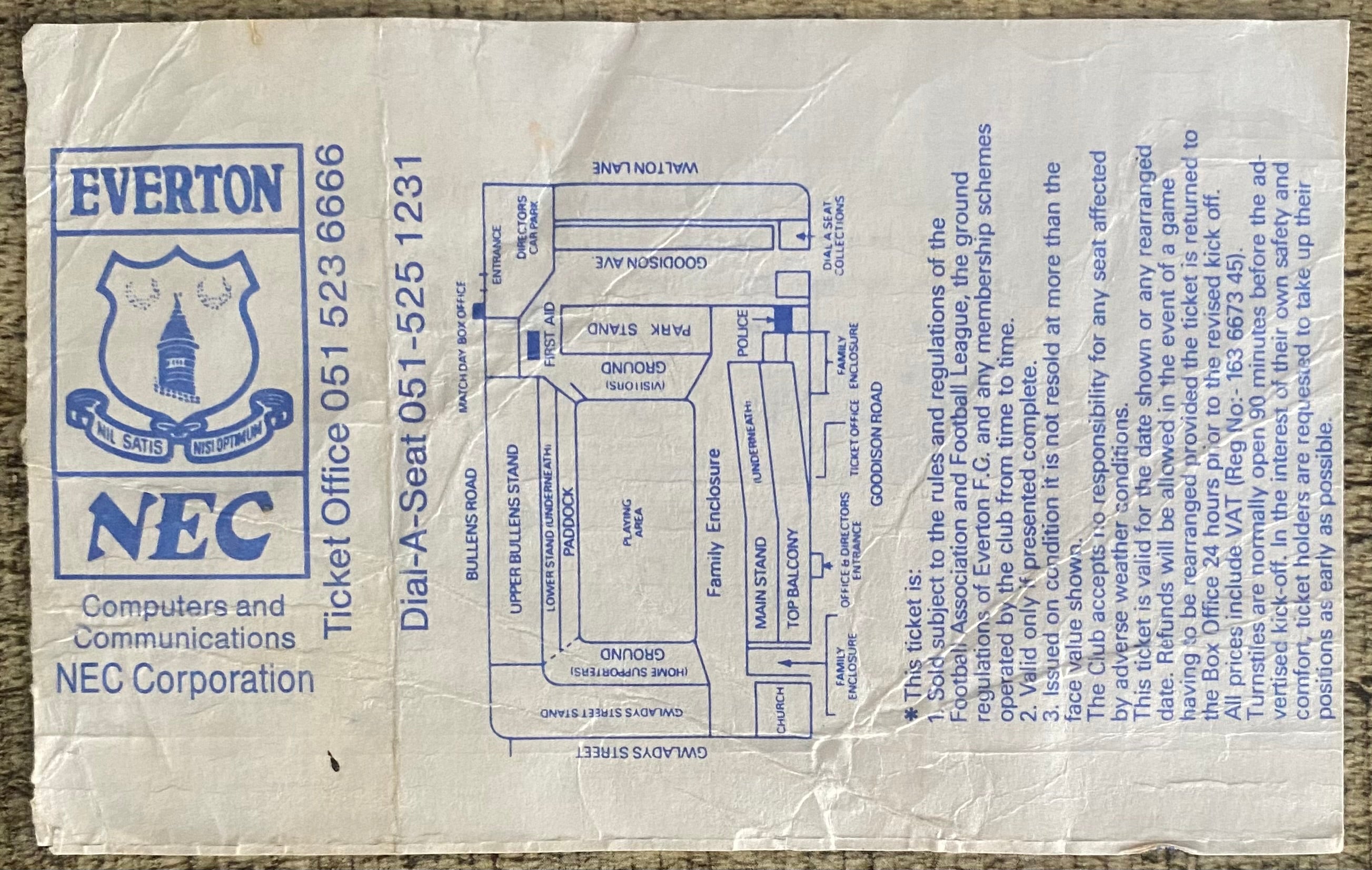 1990/91 ORIGINAL DIVISION ONE TICKET EVERTON V NOTTINGHAM FOREST + GUEST CARD