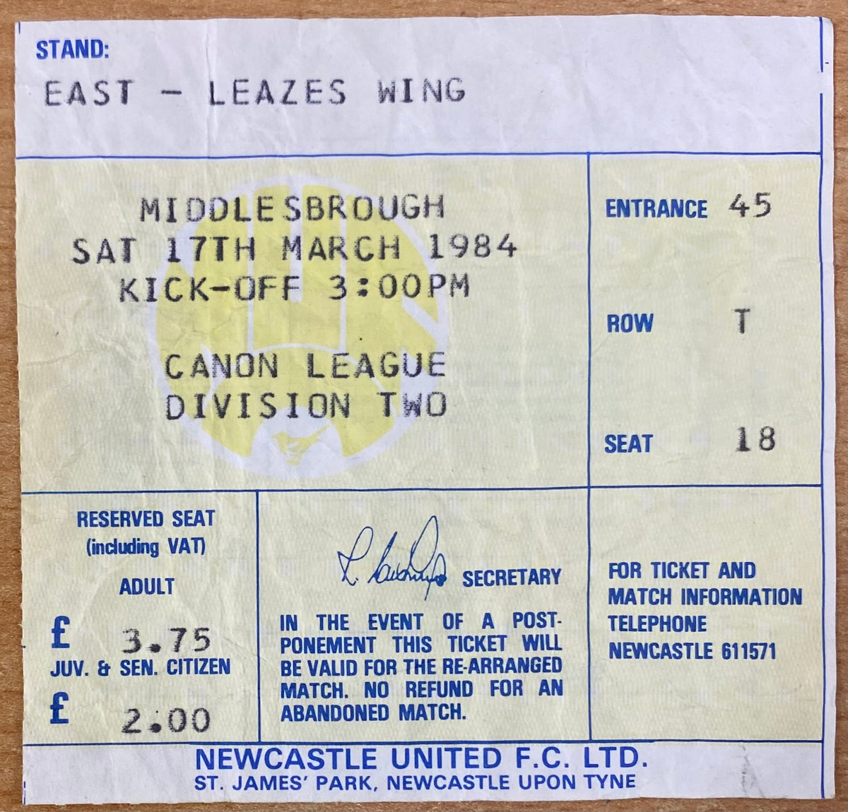 1983/84 ORIGINAL DIVISION 2 TICKET NEWCASTLE UNITED V MIDDLESBROUGH