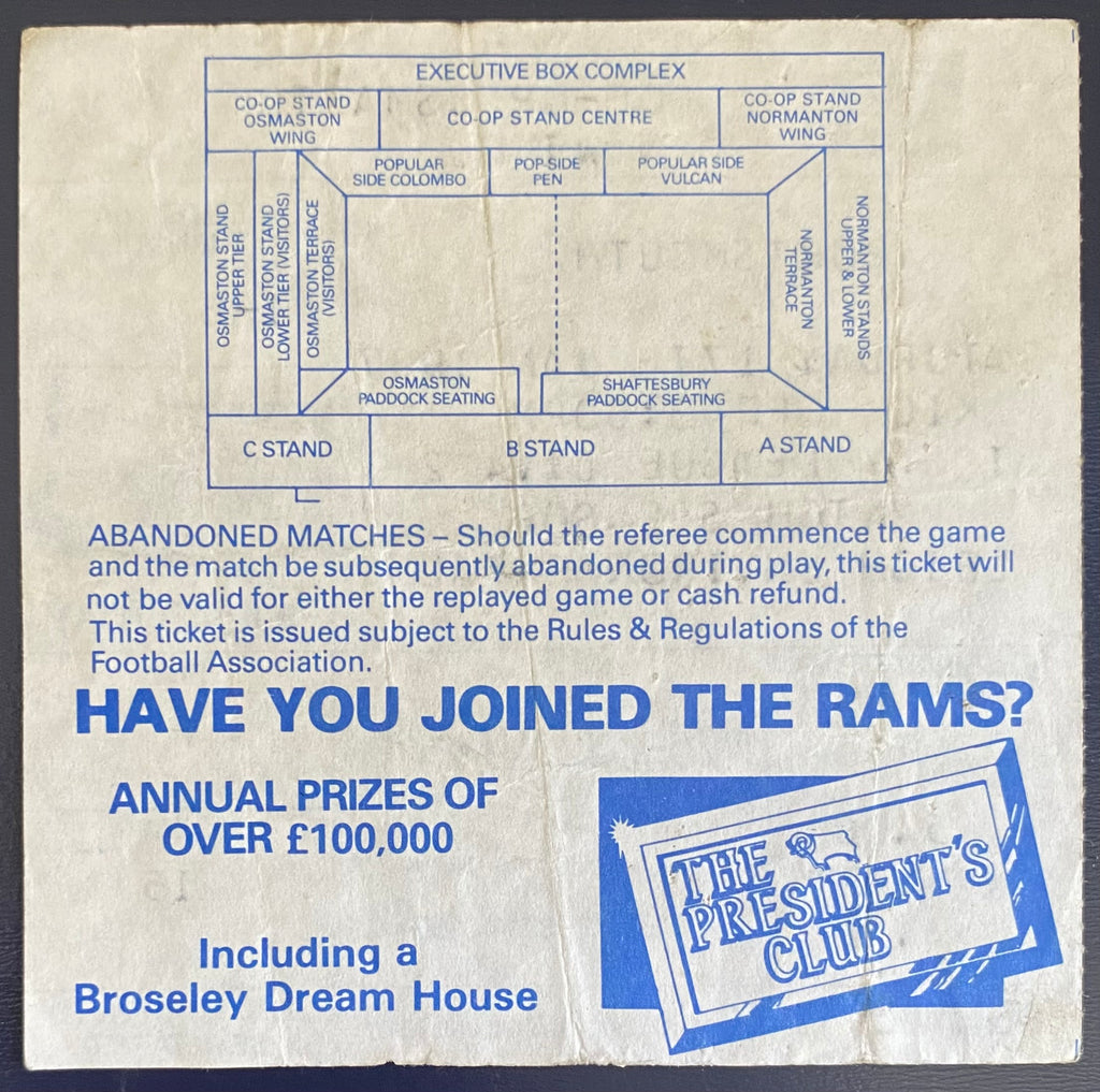 1986/87 ORIGINAL DIVISION 2 TICKET DERBY COUNTY V PORTSMOUTH