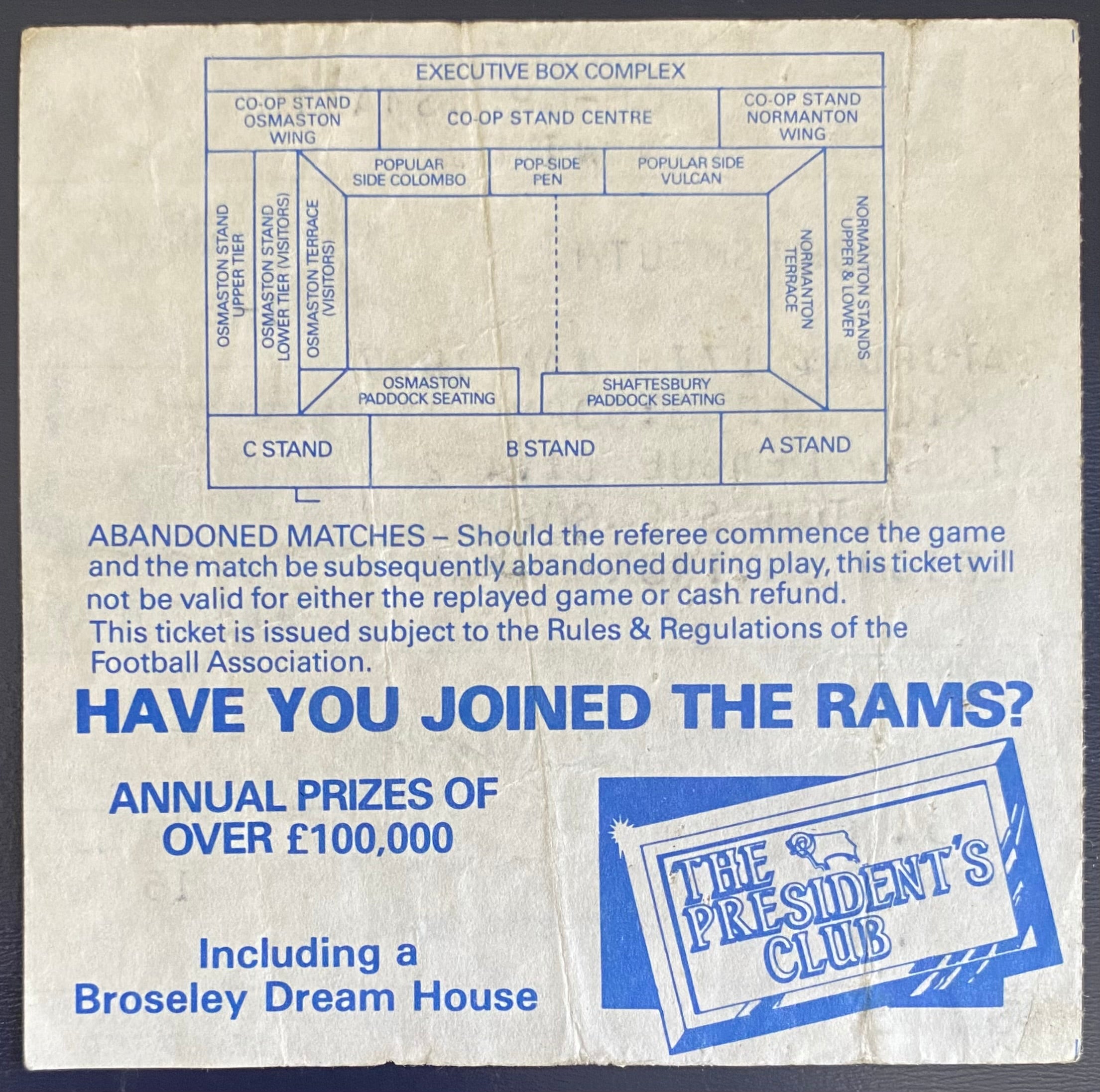 1986/87 ORIGINAL DIVISION 2 TICKET DERBY COUNTY V PORTSMOUTH