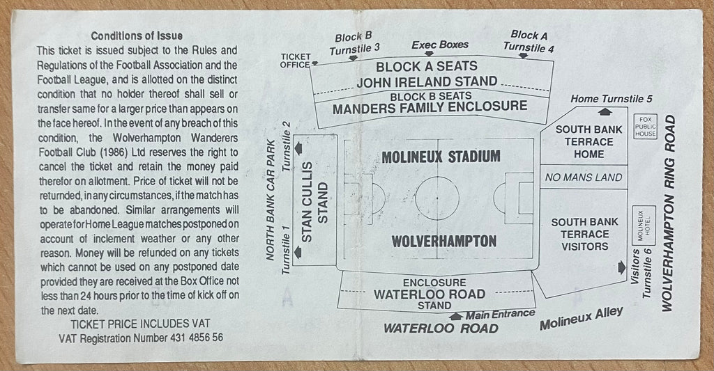 1992/93 ORIGINAL DIVISION 1 TICKET WOLVERHAMPTON WANDERERS V CHARLTON ATHLETIC