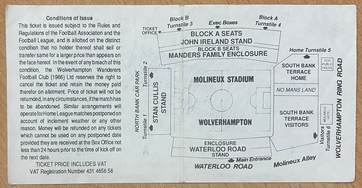 1992/93 ORIGINAL DIVISION 1 TICKET WOLVERHAMPTON WANDERERS V CHARLTON ATHLETIC