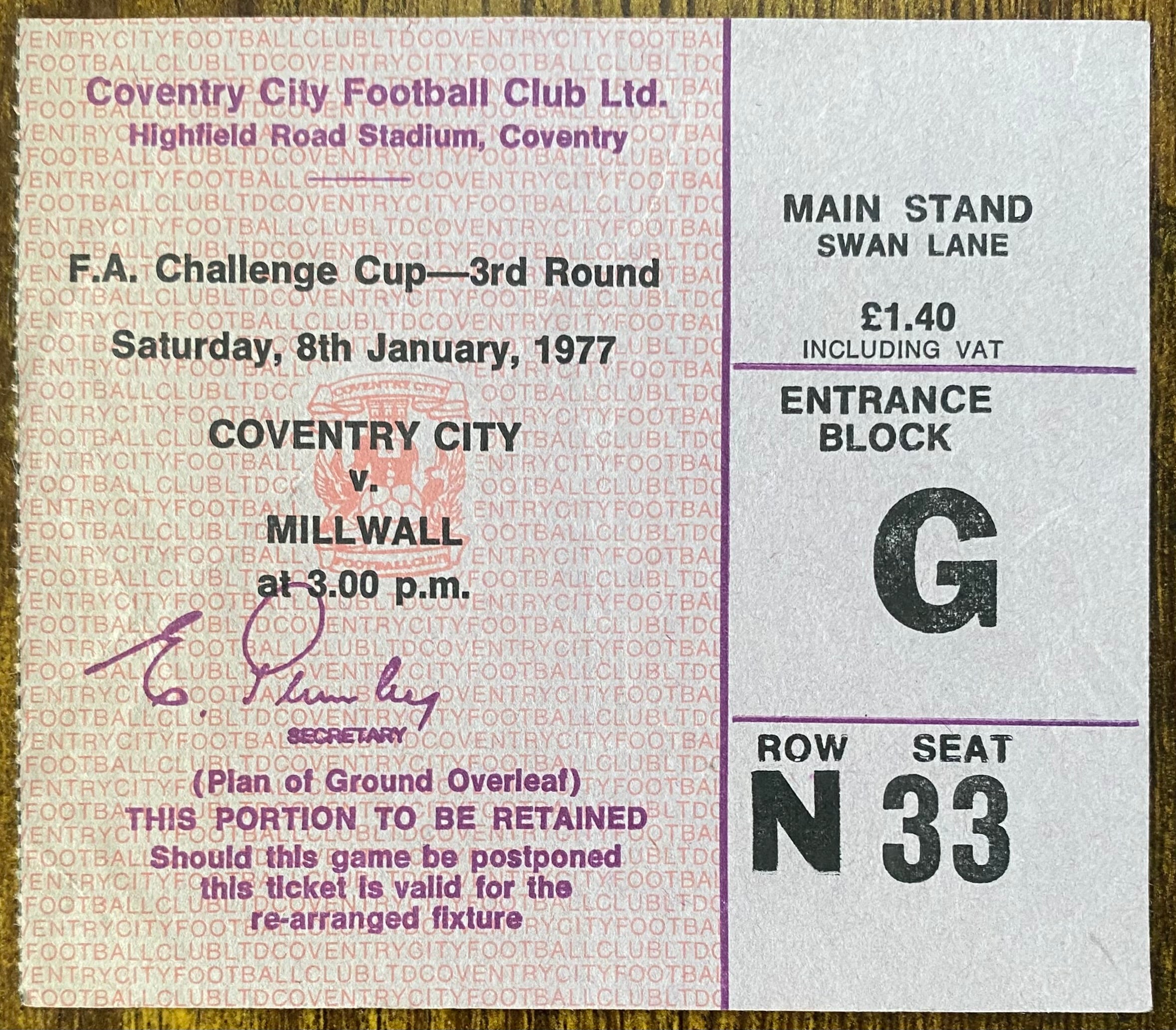 1976/77 ORIGINAL FA CUP 3RD ROUND TICKET COVENTRY CITY V MILLWALL