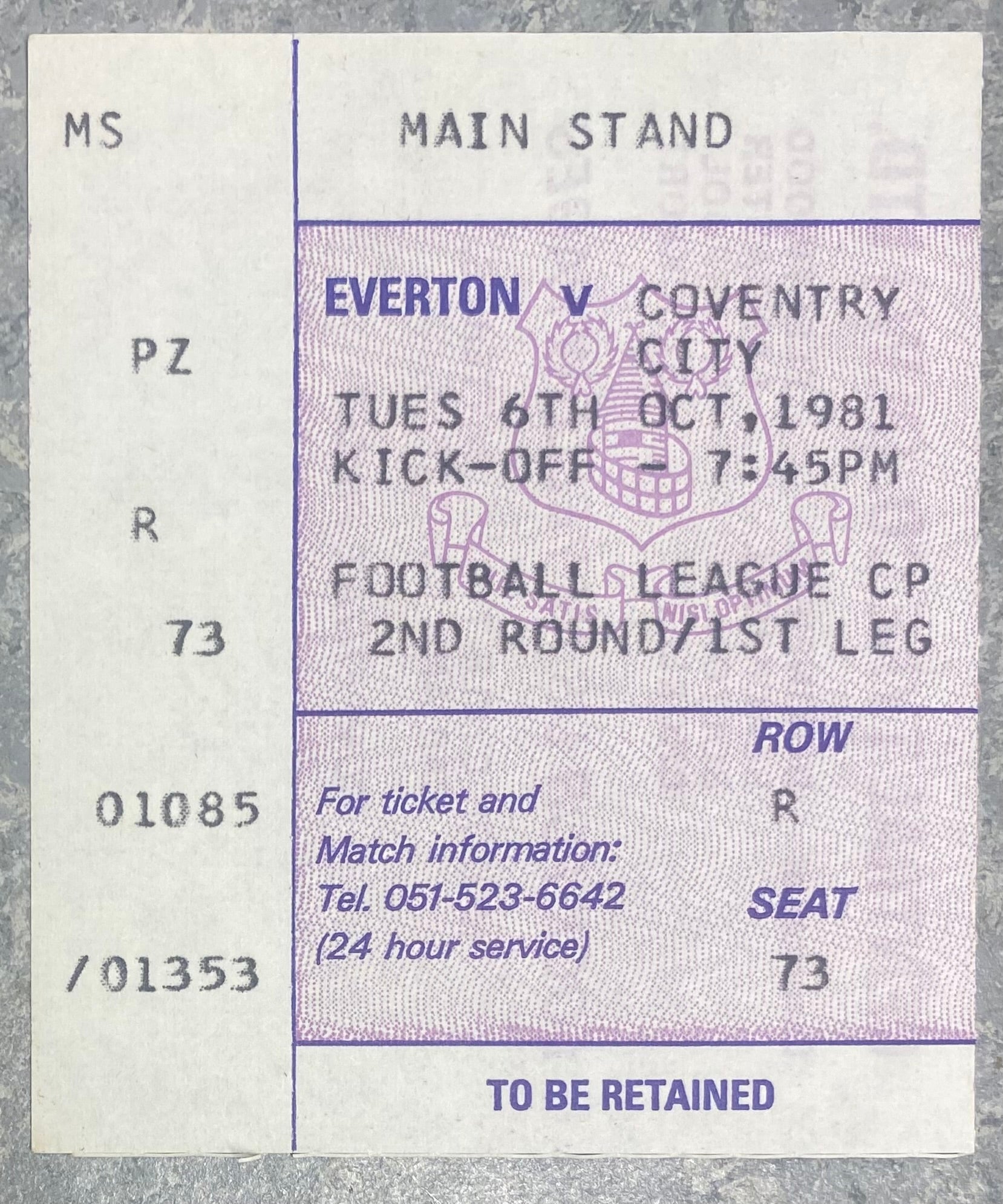 1981/82 ORIGINAL LEAGUE CUP 2ND ROUND 1ST LEG TICKET EVERTON V COVENTRY CITY