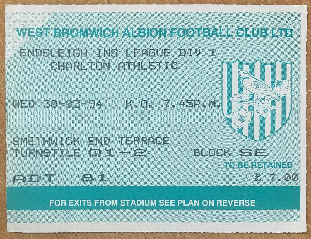 1993/94 ORIGINAL DIVISION 1 TICKET WEST BROMWICH ALBION V CHARLTON ATHLETIC