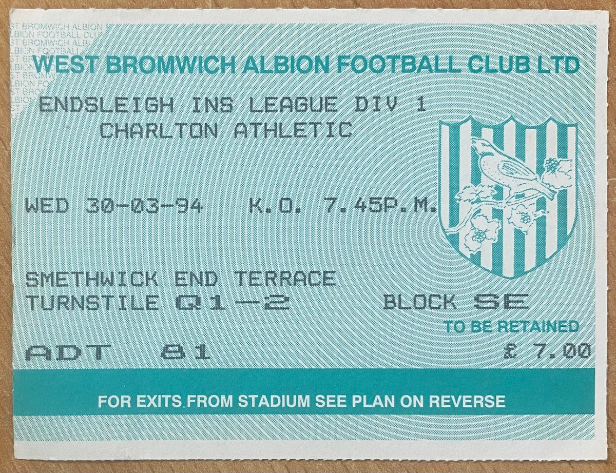 1993/94 ORIGINAL DIVISION 1 TICKET WEST BROMWICH ALBION V CHARLTON ATHLETIC