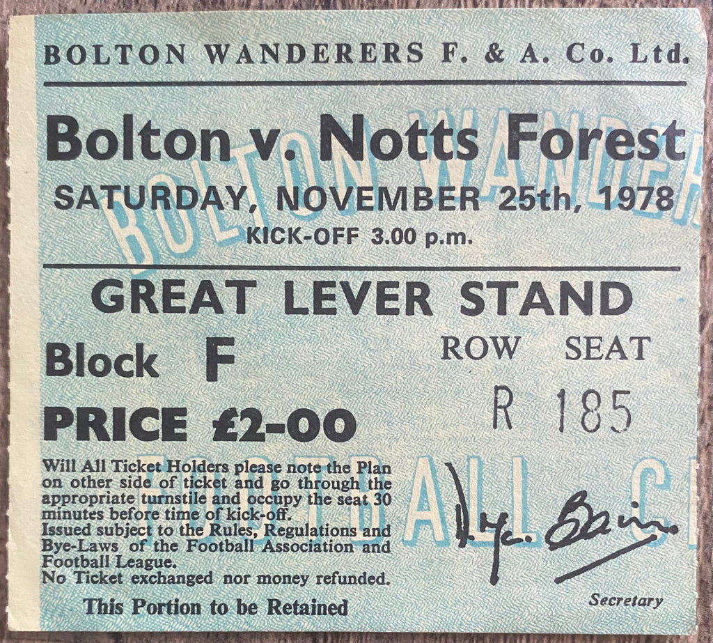 1978/79 ORIGINAL DIVISION ONE TICKET BOLTON WANDERERS V NOTTINGHAM FOREST