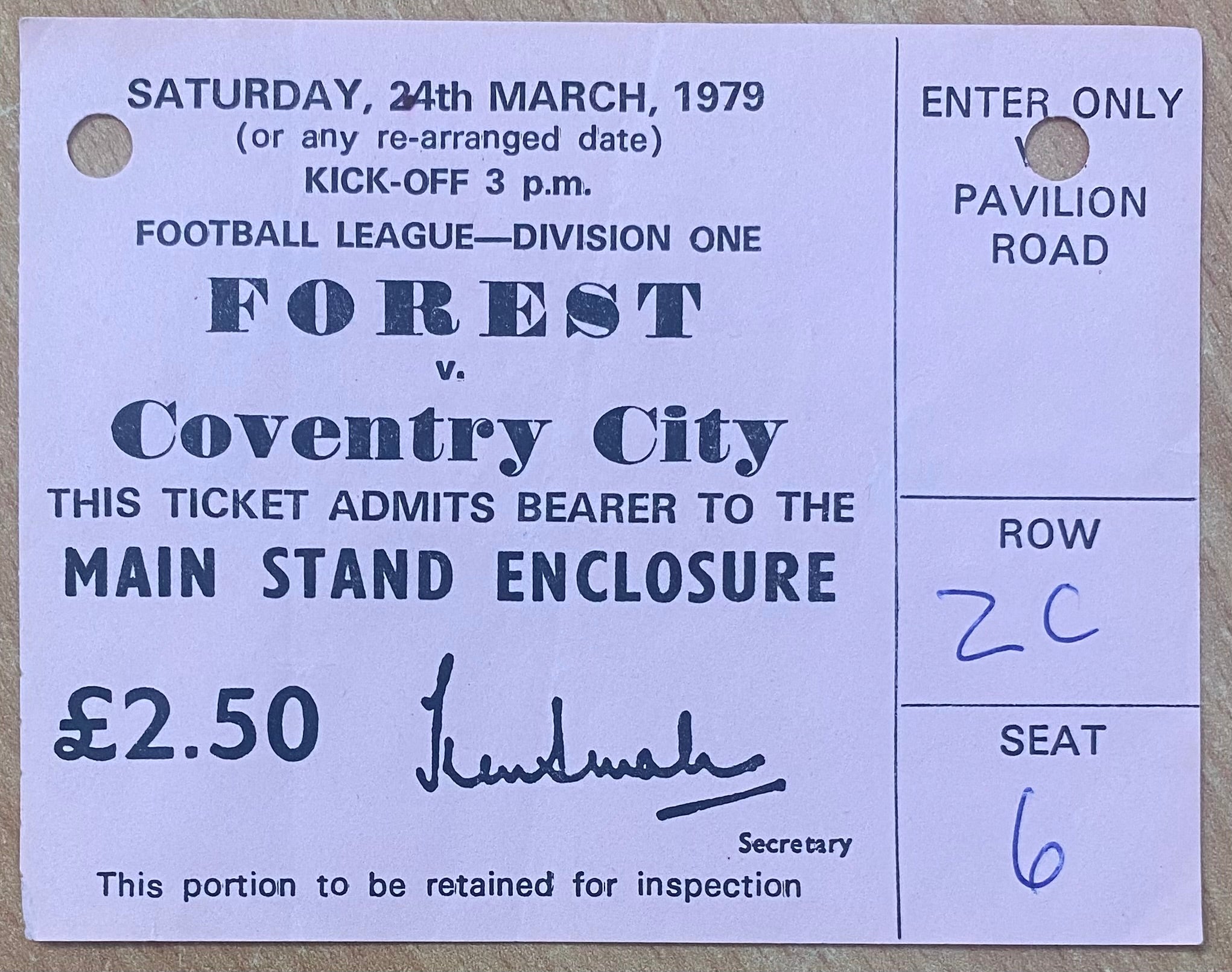 1978/79 ORIGINAL DIVISION 1 TICKET NOTTINGHAM FOREST V COVENTRY CITY