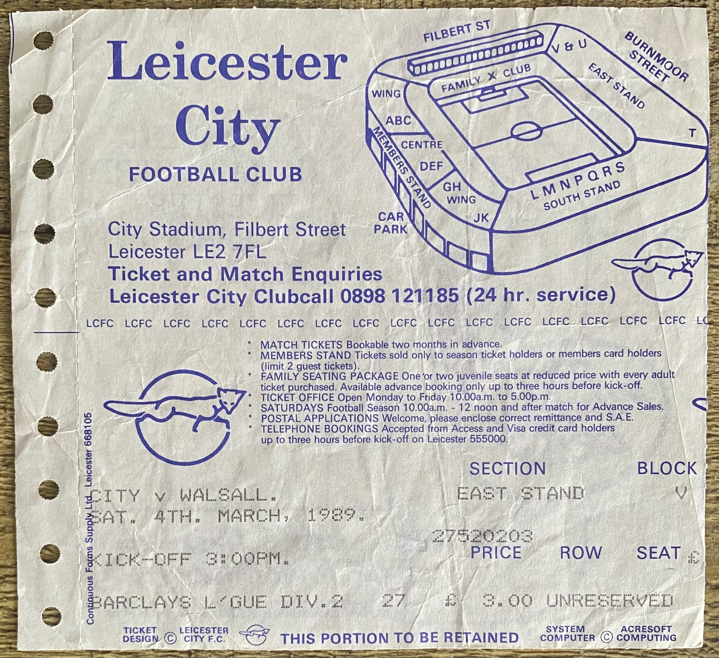 1988/89 ORIGINAL DIVISION TWO TICKET LEICESTER CITY V WALSALL