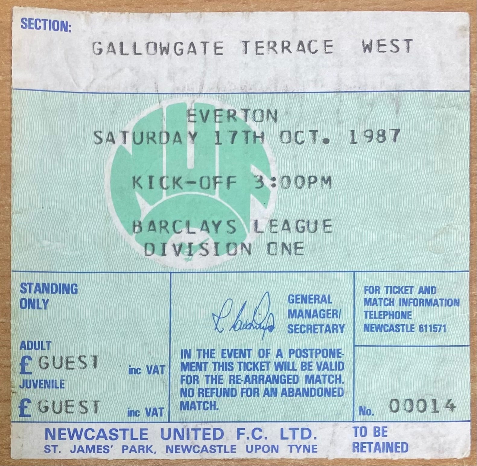 1987/88 ORIGINAL DIVISION 1 TICKET NEWCASTLE UNITED V EVERTON